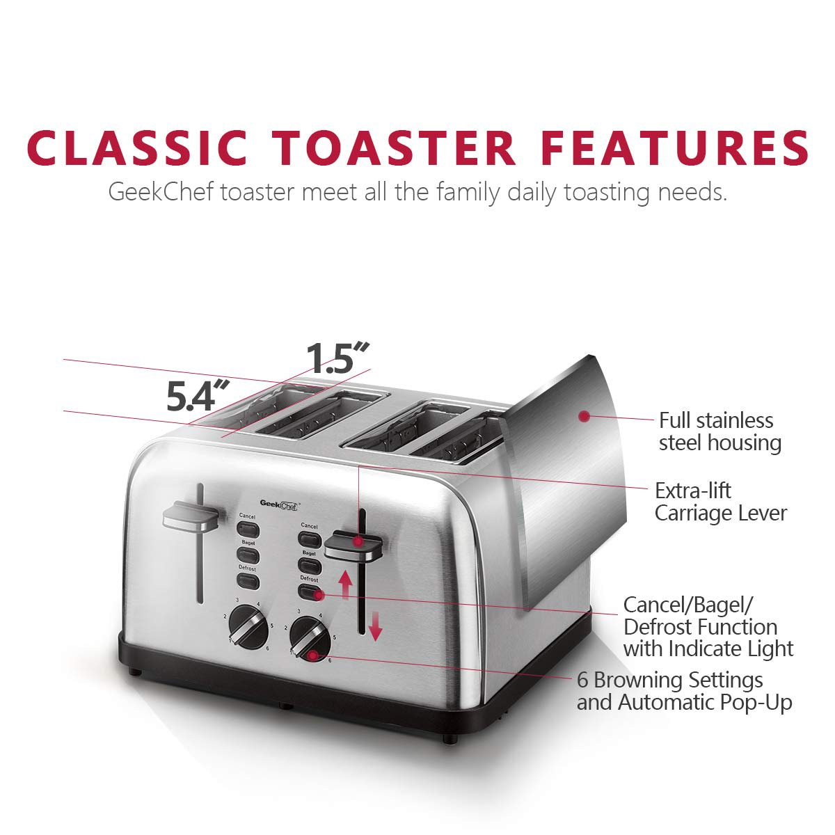 Toaster 4 Slice, Geek Chef Stainless Steel Extra-Wide Slot Toaster with  Dual Control Panels of Bagel/Defrost/Cancel Functi.