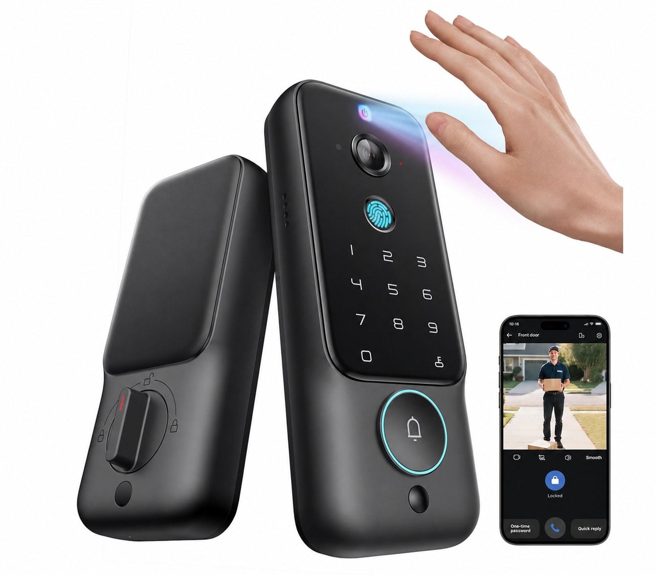 UUDULY  Smart Deadbolt Lock with 2K 180 Degree Security Camera Video Doorbell Palm Vein Fingerprint Keyless Entry Built in WiFi App Control AI
