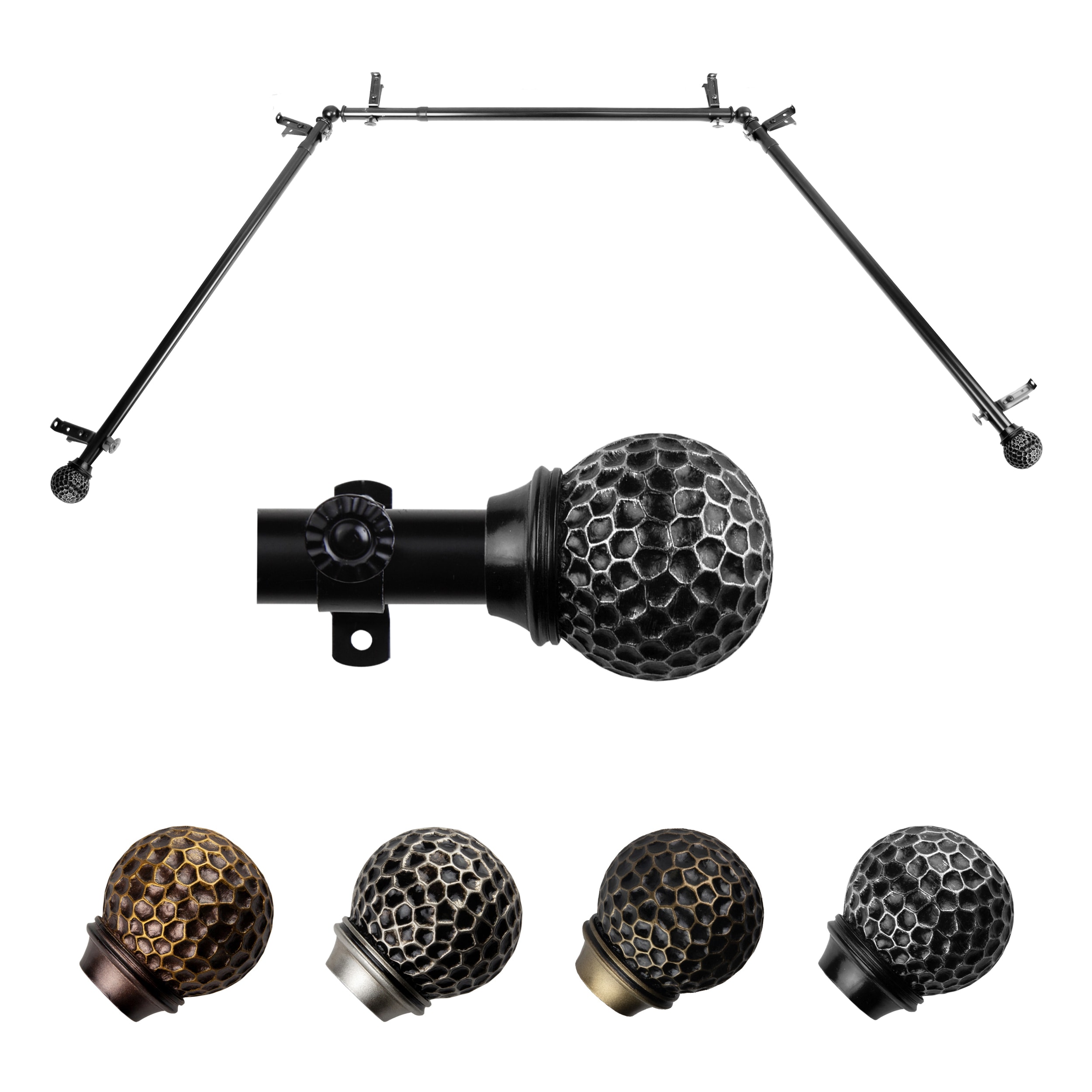 Hart & Harlow L-ABAY-85-2 Colin 13/16-in 38-in to 72-in Black Steel Bay window curtain rod with Finials
