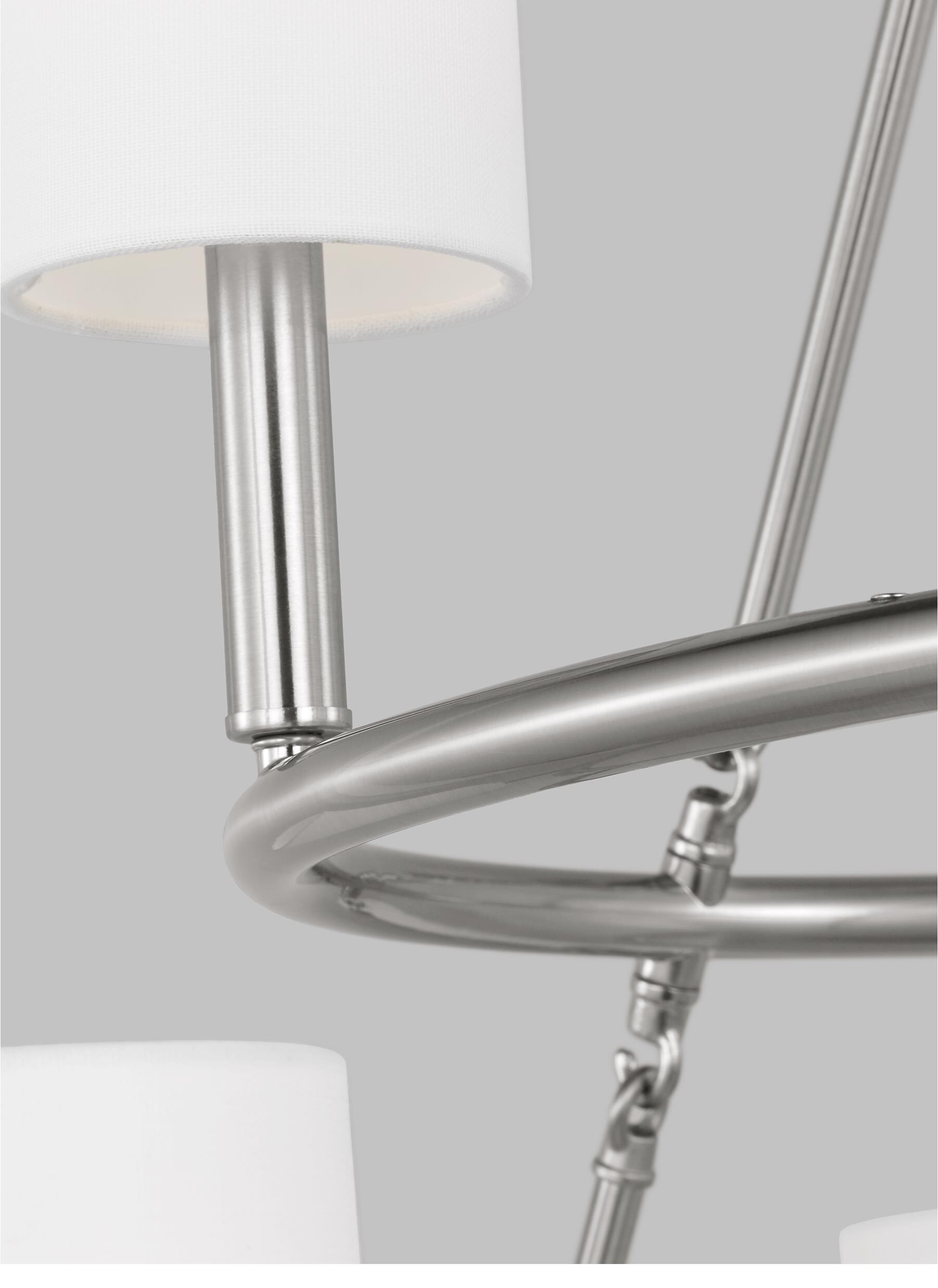 Egmont Brushed Steel 9-Light Chandelier with White Linen Shades