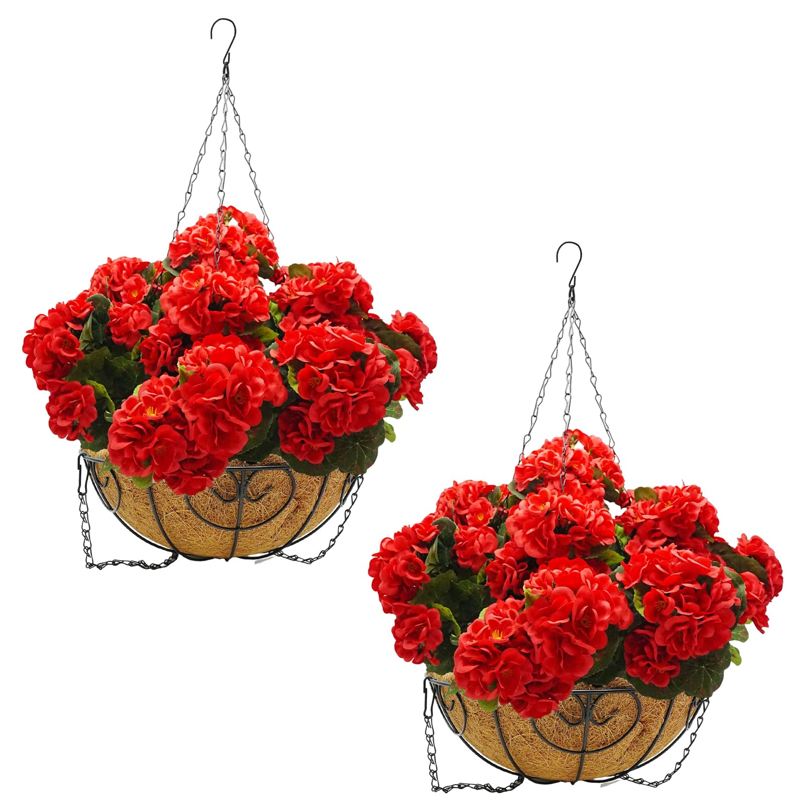 Garvee 2 Set Artificial Outdoor Geraniums Flowers with Brown Basket Artificial Hanging Flowers Plant 12 Pcs Geraniums Flowers for Christmas Front Porch Garden Patio Home Decor Red