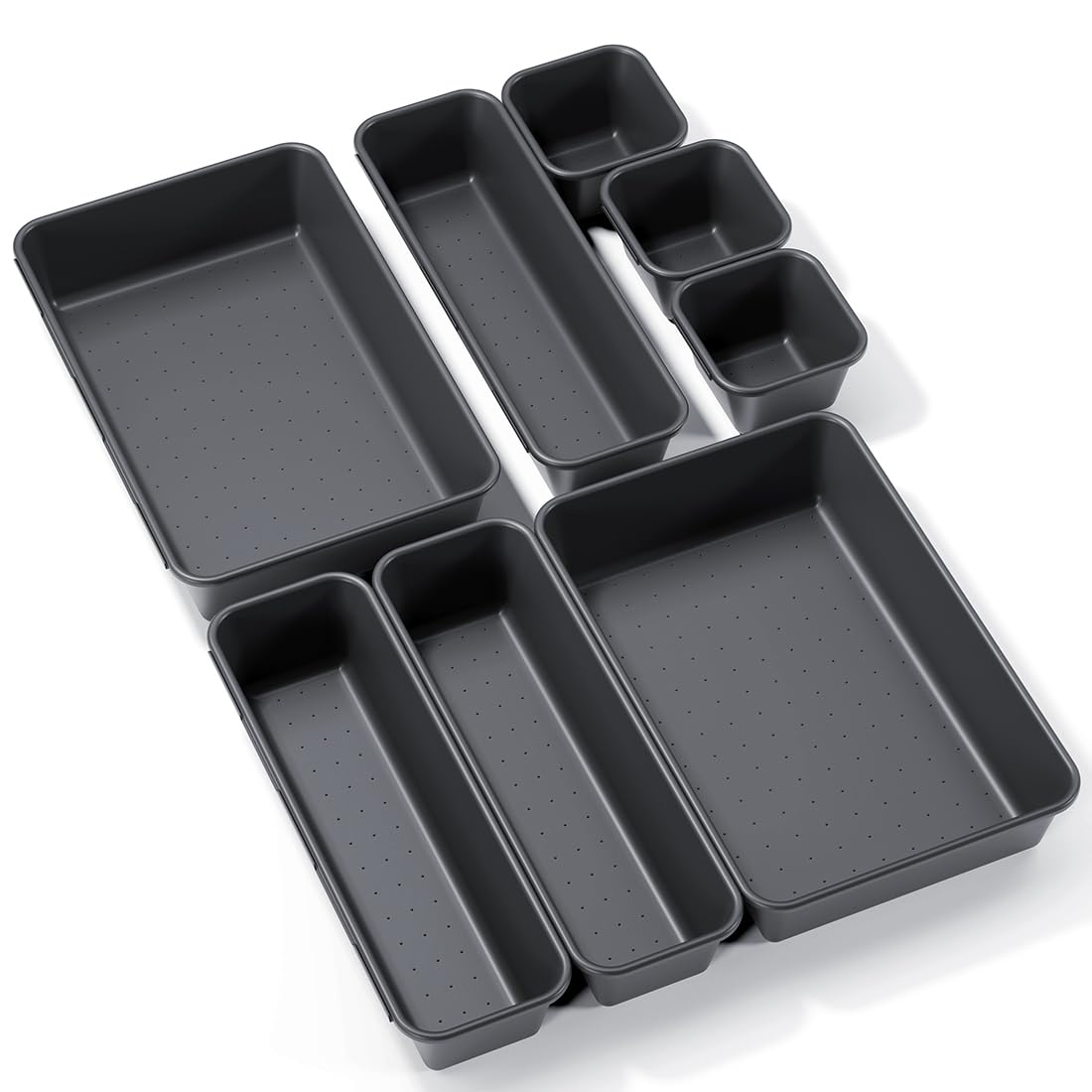 UUDULY  8 pcs plastic interlocking drawer organizer set three sizes storage trays for kitchen utensils office supplies makeup jewelry tools