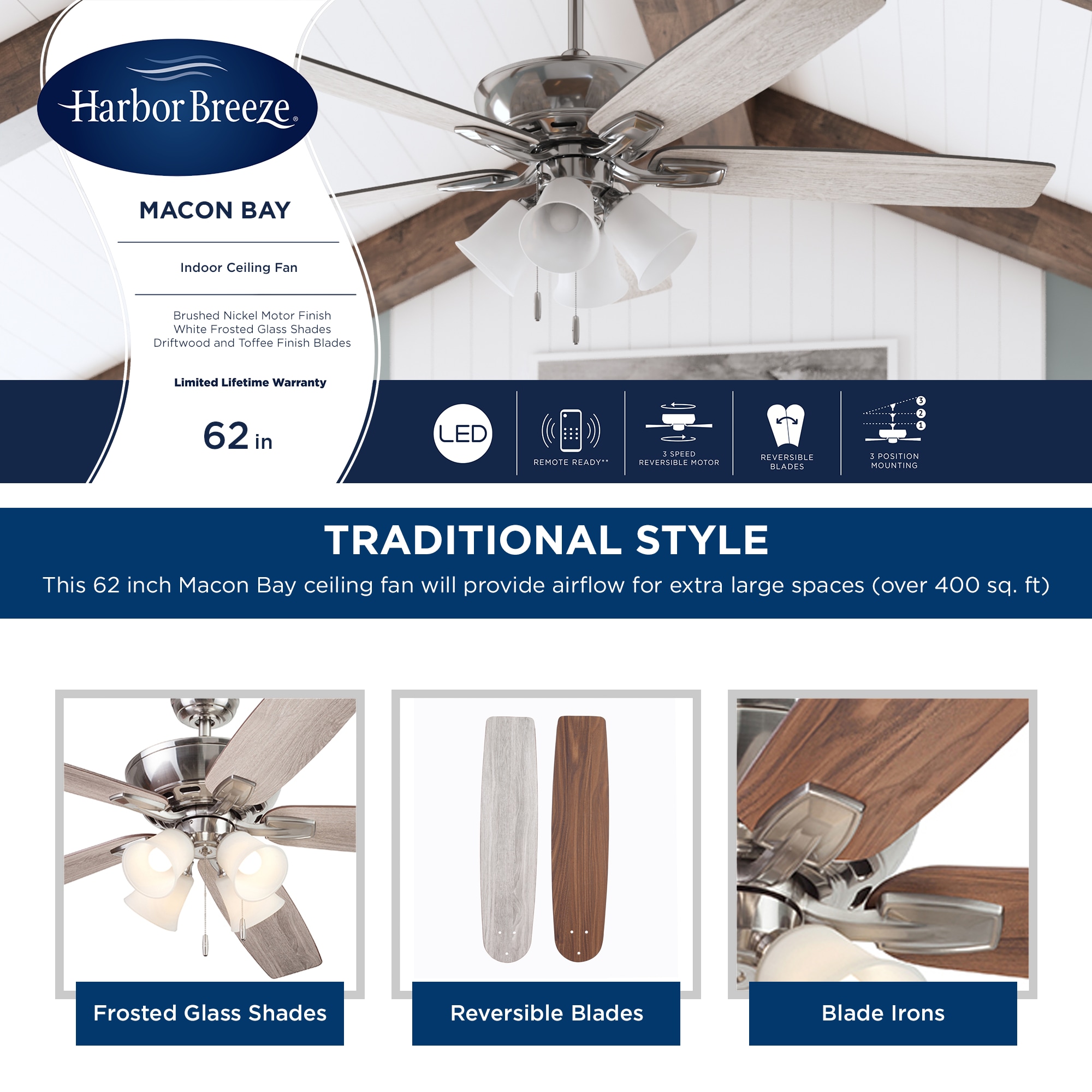 Harbor Breeze Macon Bay 62-in Brushed Nickel with Driftwood