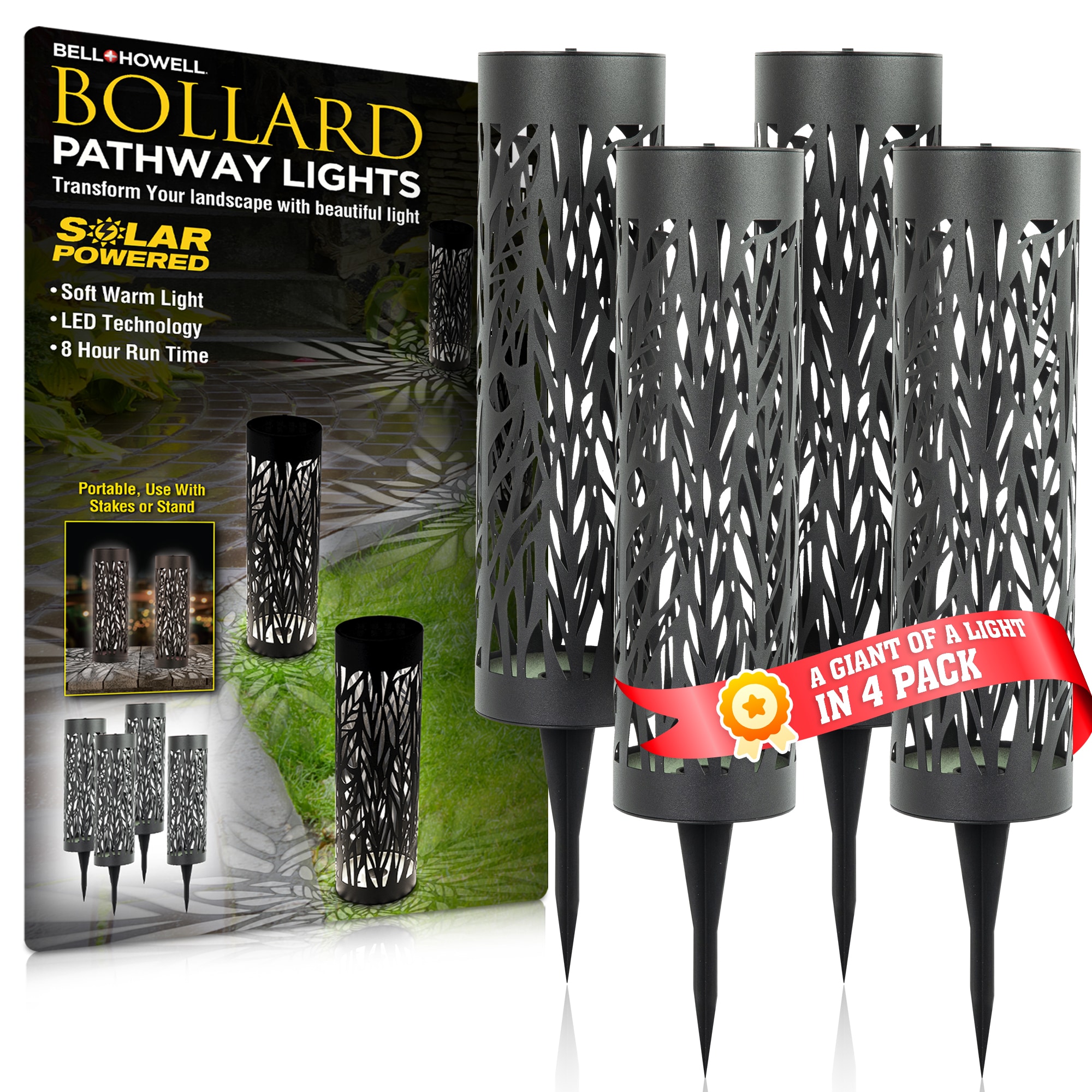 BELL HOWELL 4 Pack Bollard 6 Lumen 1 Watt Black Solar LED