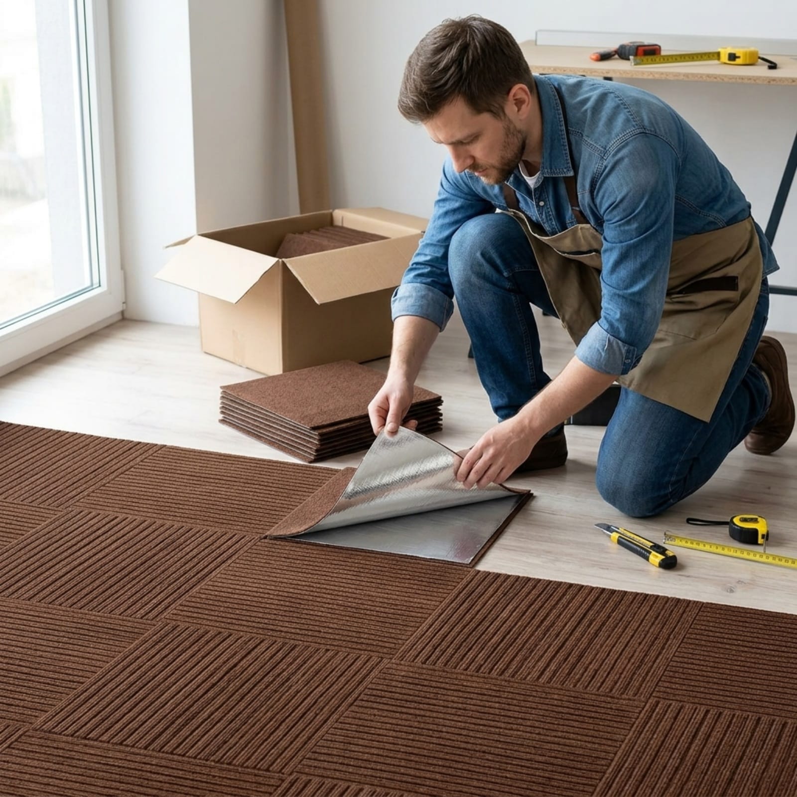 GIVIMO Carpet Tiles 24x24-in 20-Pack Peel and Stick Carpet Squares Self-Adhesive Commercial Soft Padded Floor Tiles 80-sq ft for Living Room Office Dark Brown #LW147GIVSS0174
