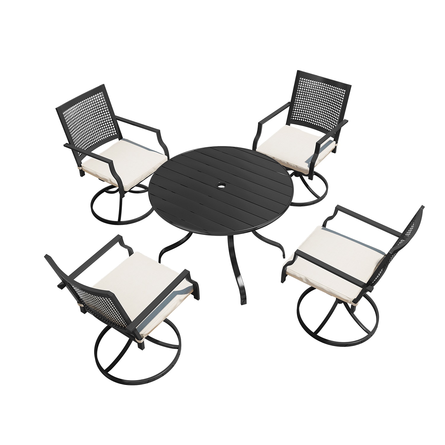 Mondawe MO-C3312T73A 5 -Piece Black Patio Dining Set Iron Round Table with 4 Beige Cushions Swivel Chairs