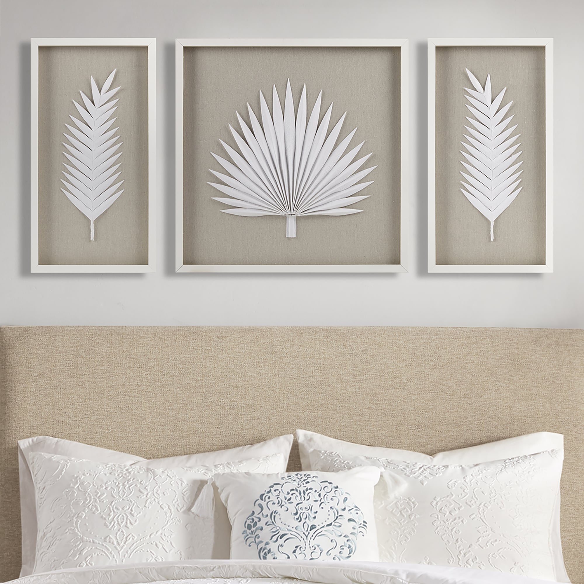Off-White Framed Rice Paper Palm Leaves Shadowbox Set