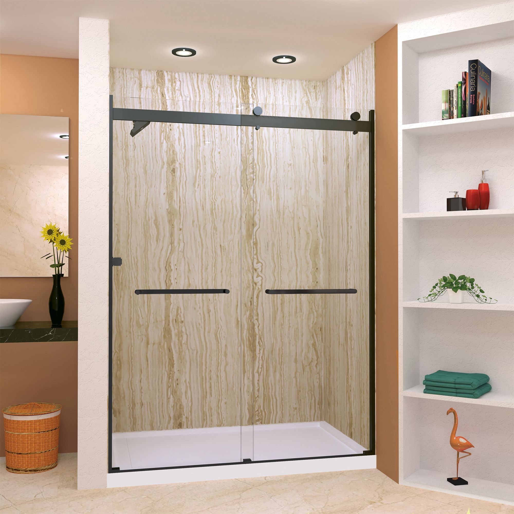 Transolid BRP608008C-R-MB Brianna Matte Black 56-in to 60-in W x 80-Inches H Frameless Sliding Shower door 5/16-in Thick Tempered Glass