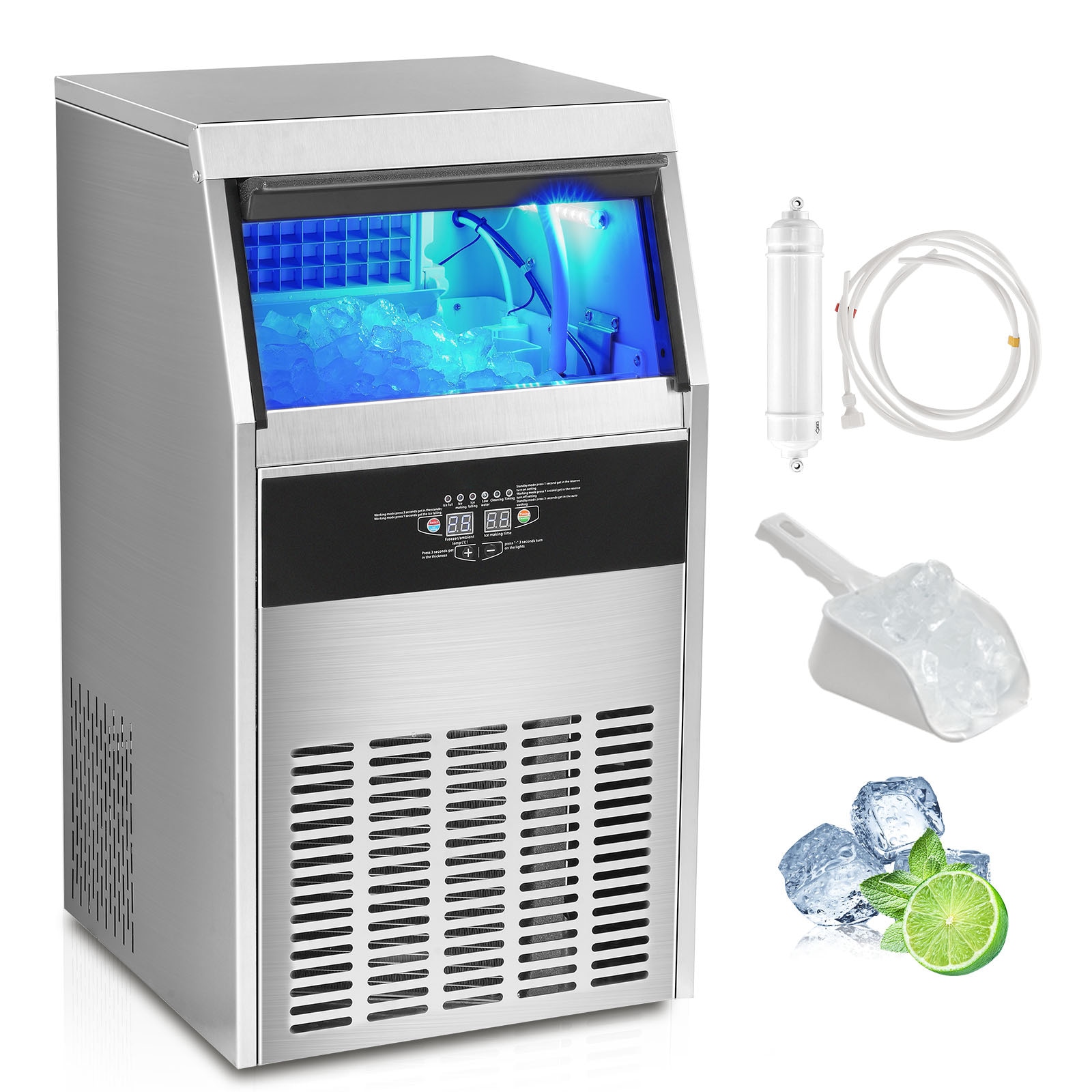 VEVOR SCQSYYTSFBZB07317V1 Commercial Ice Maker 130lbs/24H Ice Maker Machine 60 Ice Cubes in 12-15 Minutes Freestanding Cabinet Ice Maker with 33lbs Storage Capacity LED Digital Display for Bar Home Office Restaurant