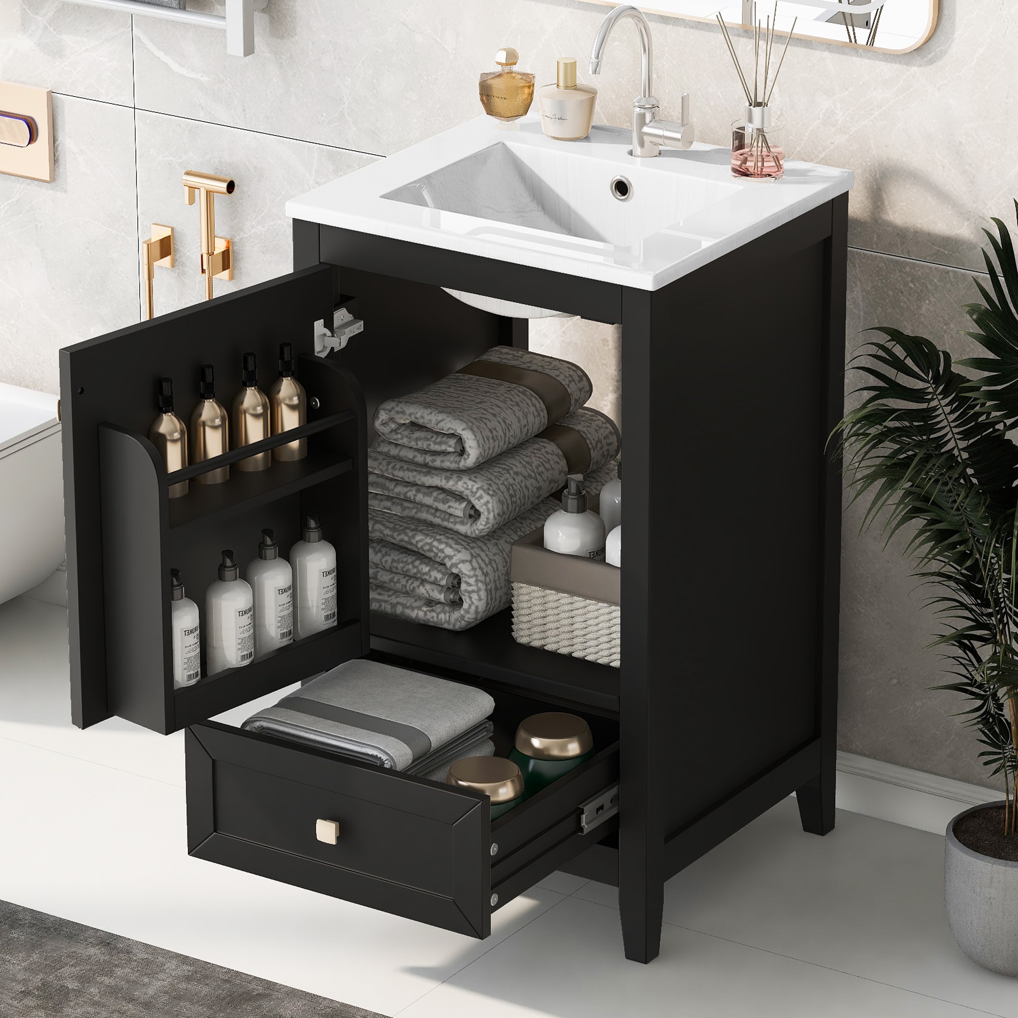 GDFStudio - 20 Inches Bathroom Vanity Cabinet with Sink with Soft Closing Door Storage Rack and 1...