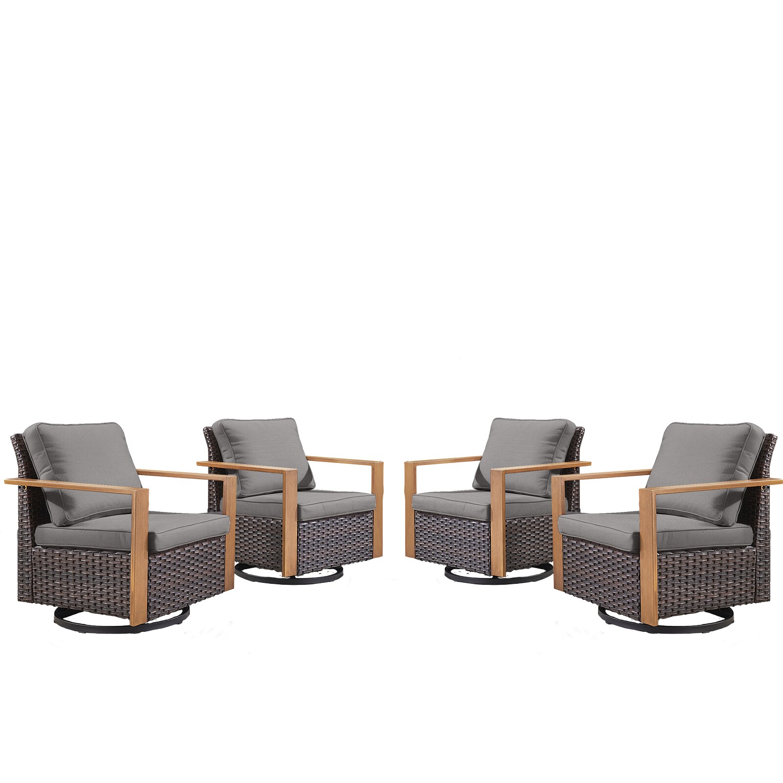 Rilyson FS136-3X2 KUANG Set of 4 Wicker Brown Wicker Frame Swivel glider Rocking Chair with Gray Cushioned Seat