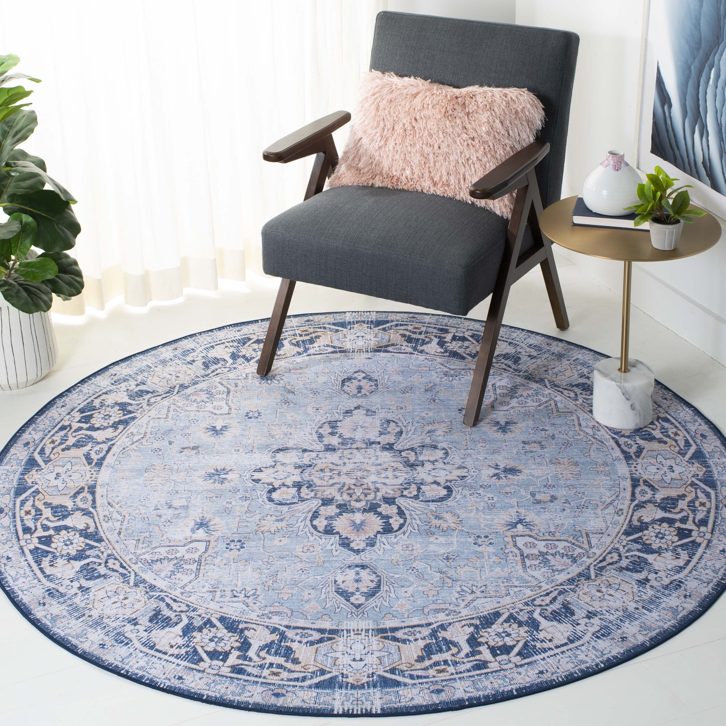 Safavieh TSN147M-6R Tucson 6 x 6 (ft) Loomed Polyester Light Blue/Navy Round Indoor Border Machine washable Area rug