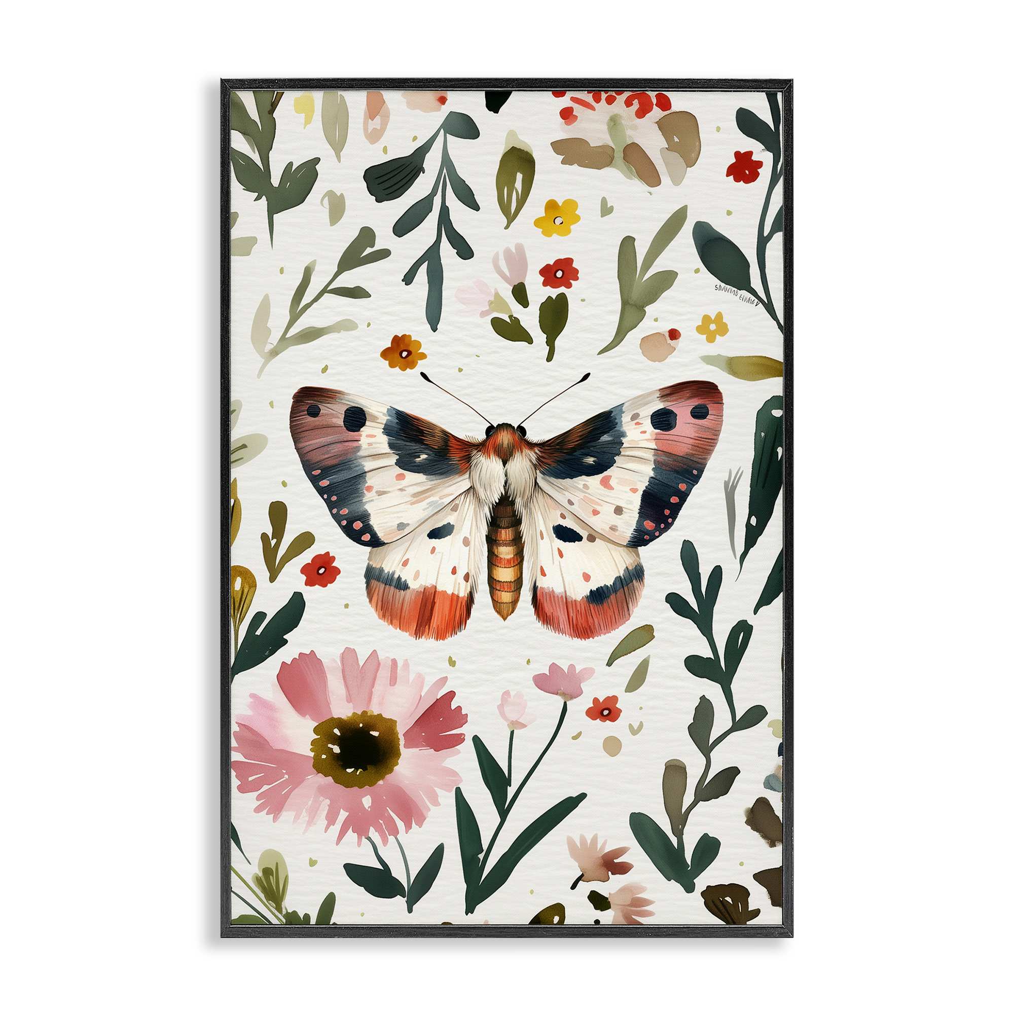 Stupell Industries BT-870-FR-16X24 Moth and Organic Flowers Black Framed Giclee Art By The Dutch Lady 16 x 24