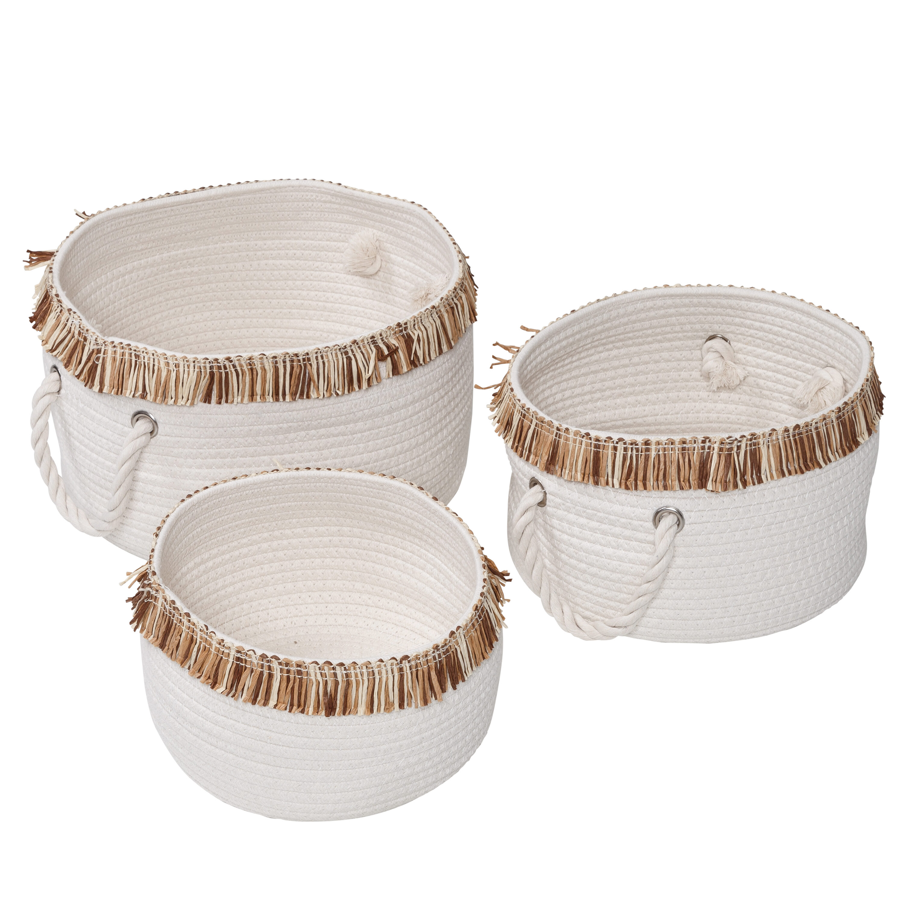 Set of 3 White Cotton Rope Round Baskets with Fringe