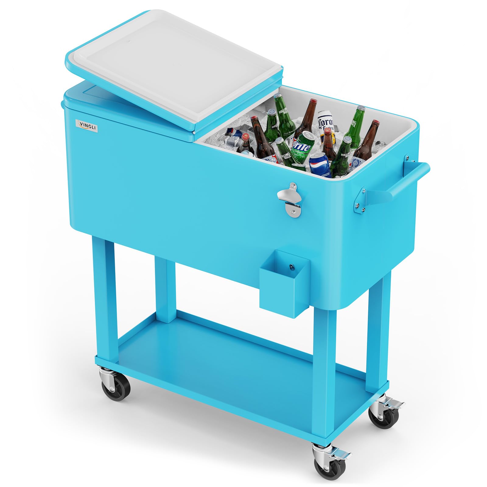 VINGLI 80-quart Portable Rolling Ice Chest with Shelf and Bottle Opener Light Blue