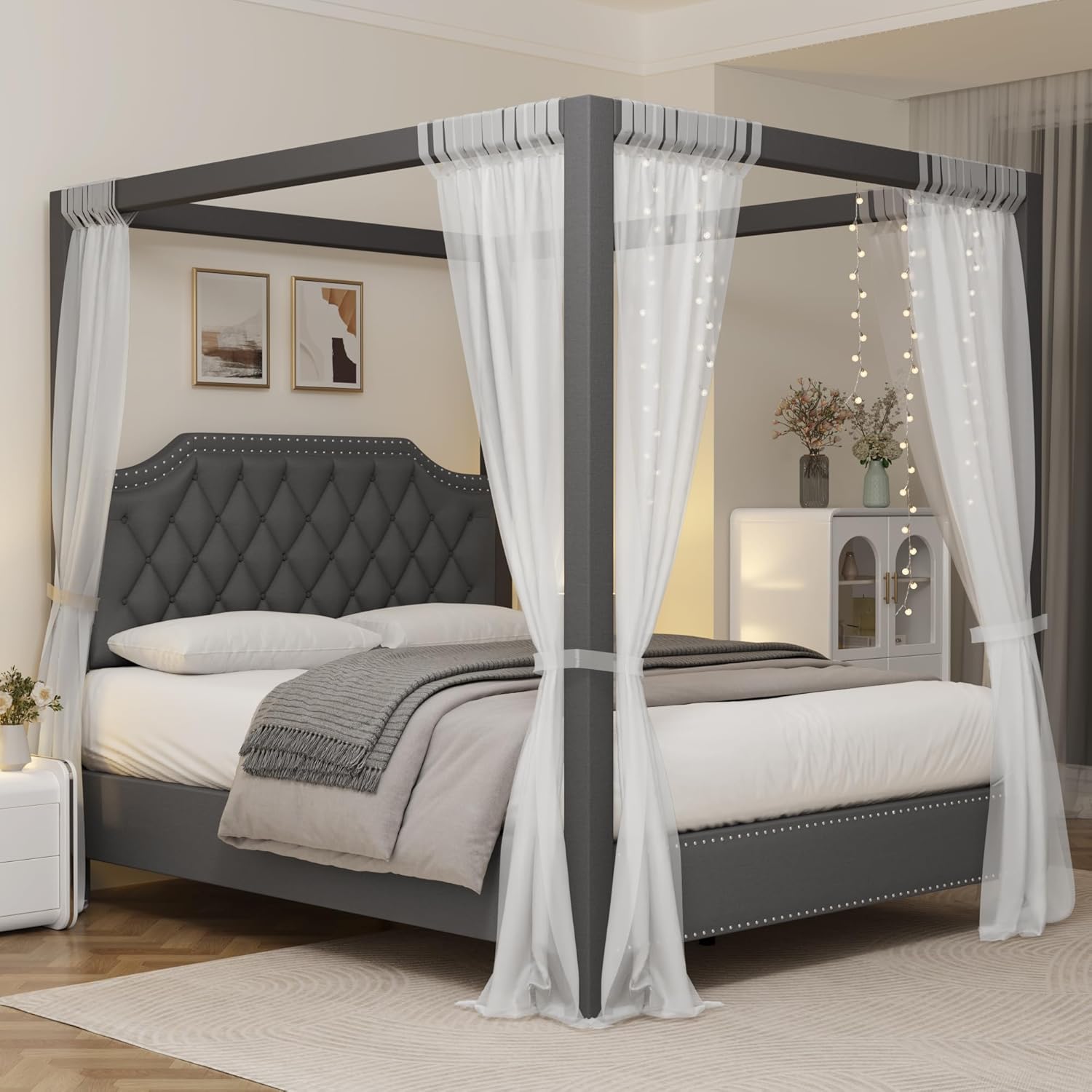 Qeetex LHF-BED-VAM-1EP28E66 Queen Canopy Bed Frame with Upholstered Headboard Four Poster Design Button Tufted and Slide Rail No Box Spring Required Wooden Slatted Structure Gray