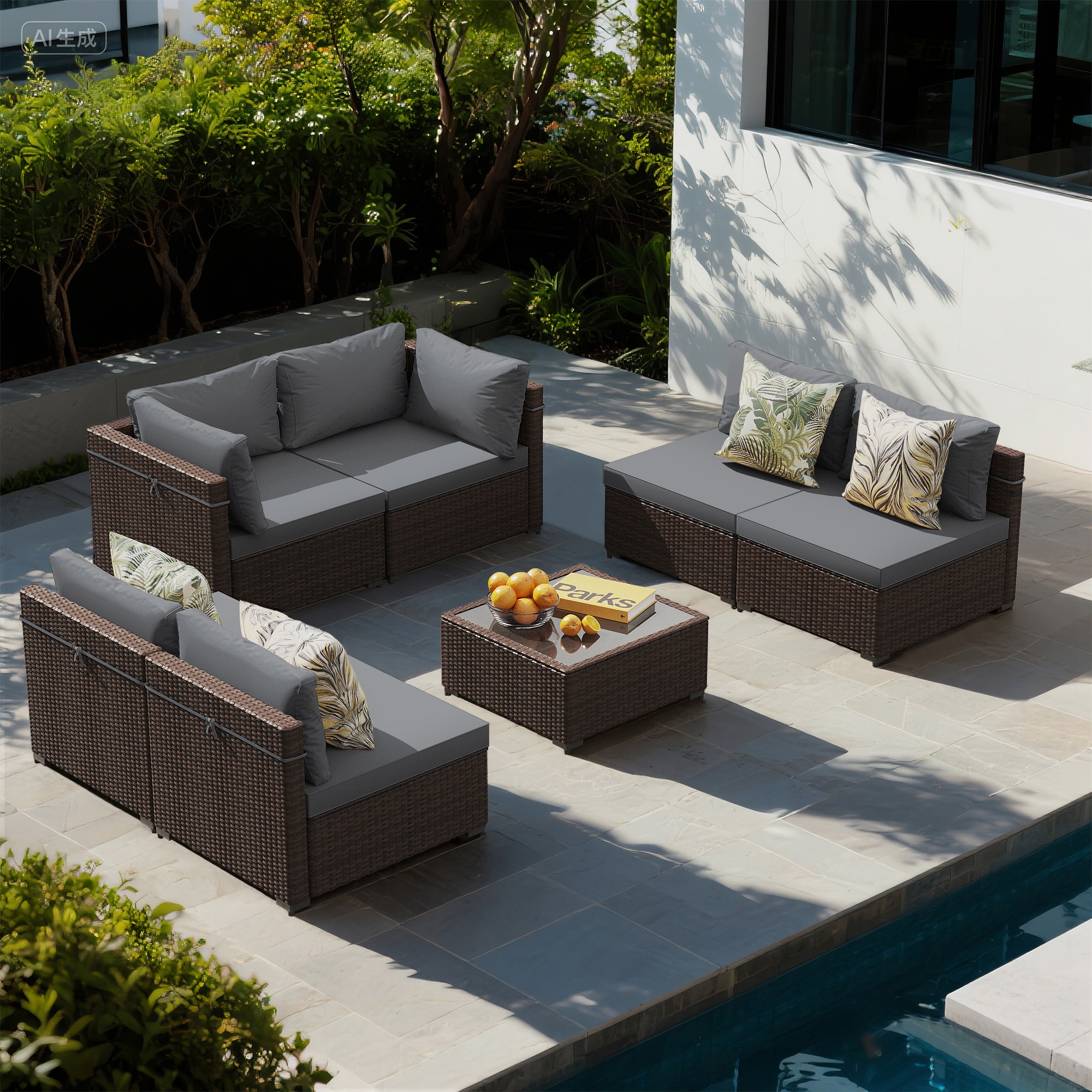 UPHA PL-2CZ-42TPDK-H1 7 -Piece Wicker Patio conversation set 7 -Piece Wicker 2 Patio Sofa Conversation Set with Light Gray Cushions