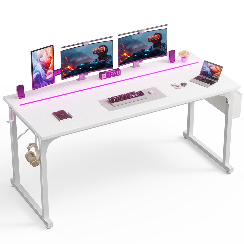 Raybee 63-in W Carbon Fiber Computer Desk with Waterproof LED Lights Gaming Desk with Headphone Hook and Side Pocket Home Office Writing Desk White
