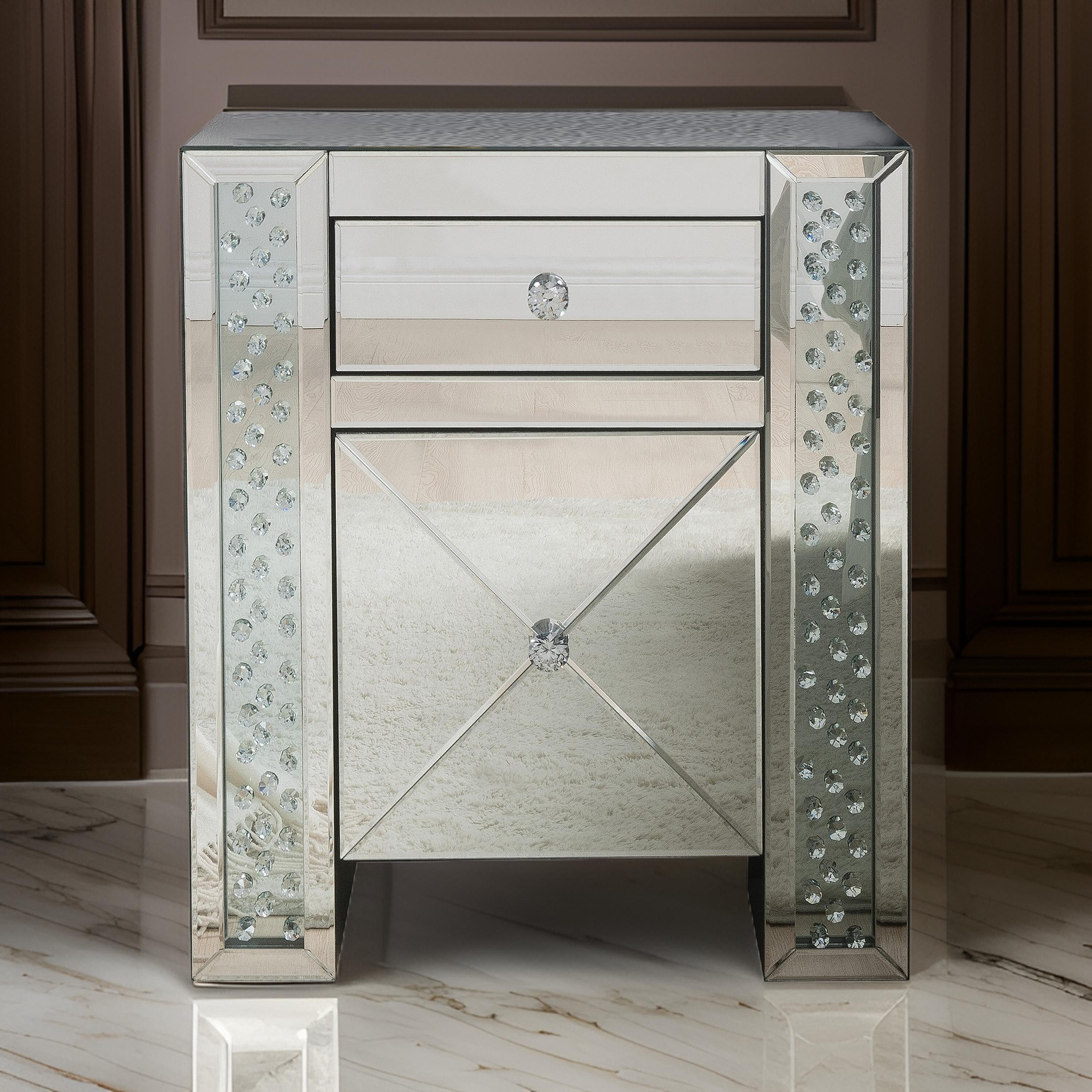Sleek Silver Wood & Mirrored Nightstand with Crystal Knobs