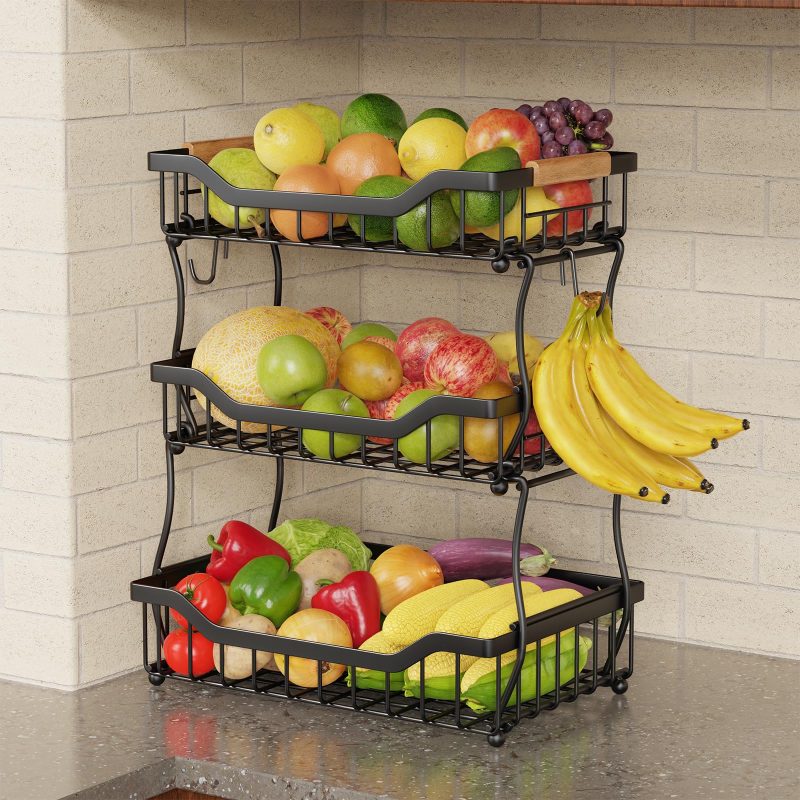 LILILIAN FMY  3 Tier Countertop Fruit Basket with Wall Mount and Two Banana Hooks Black Metal Wire Organizer for Kitchen and Dining Room