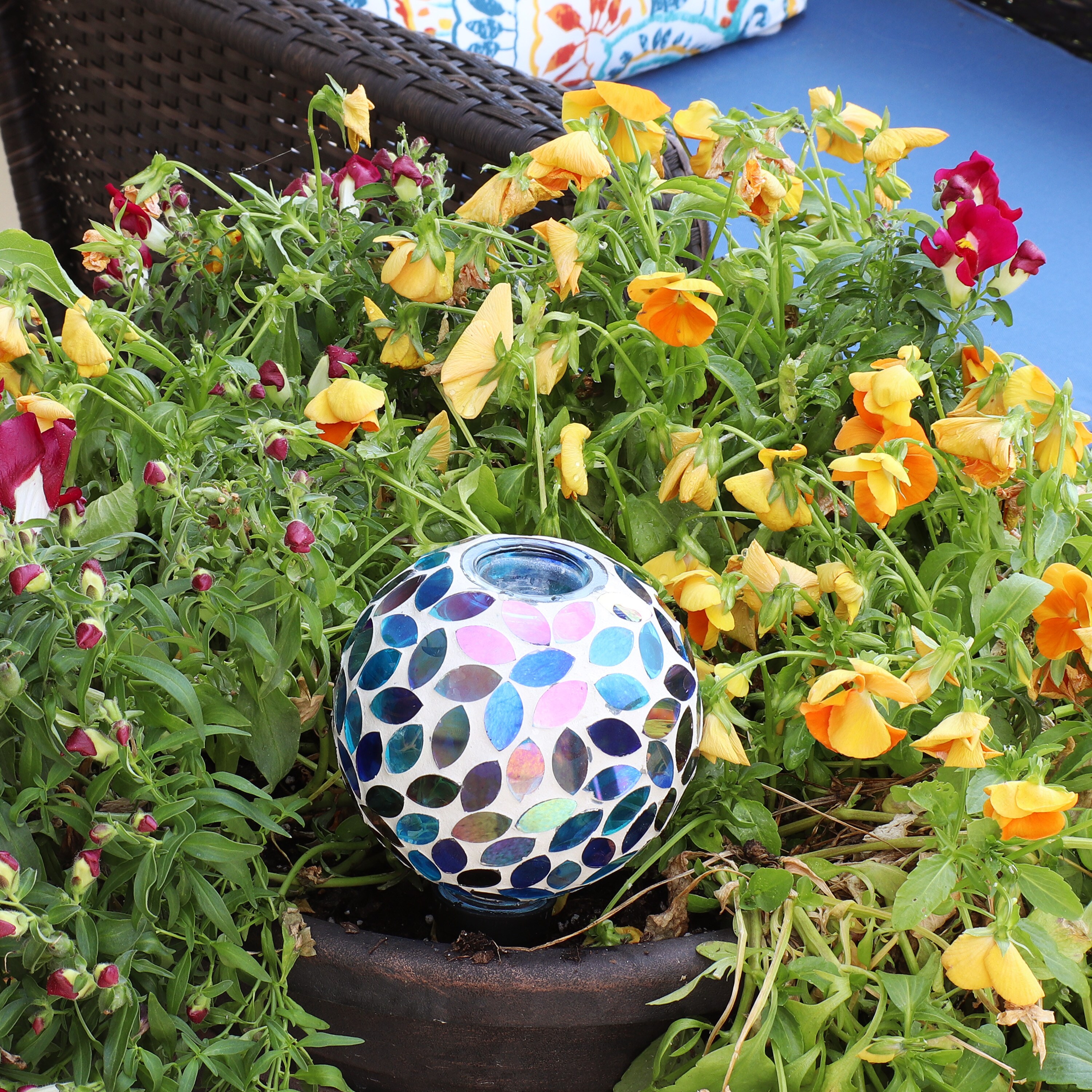 Colorful Mosaic Glass and Terracotta Self-Watering Globe for Plants