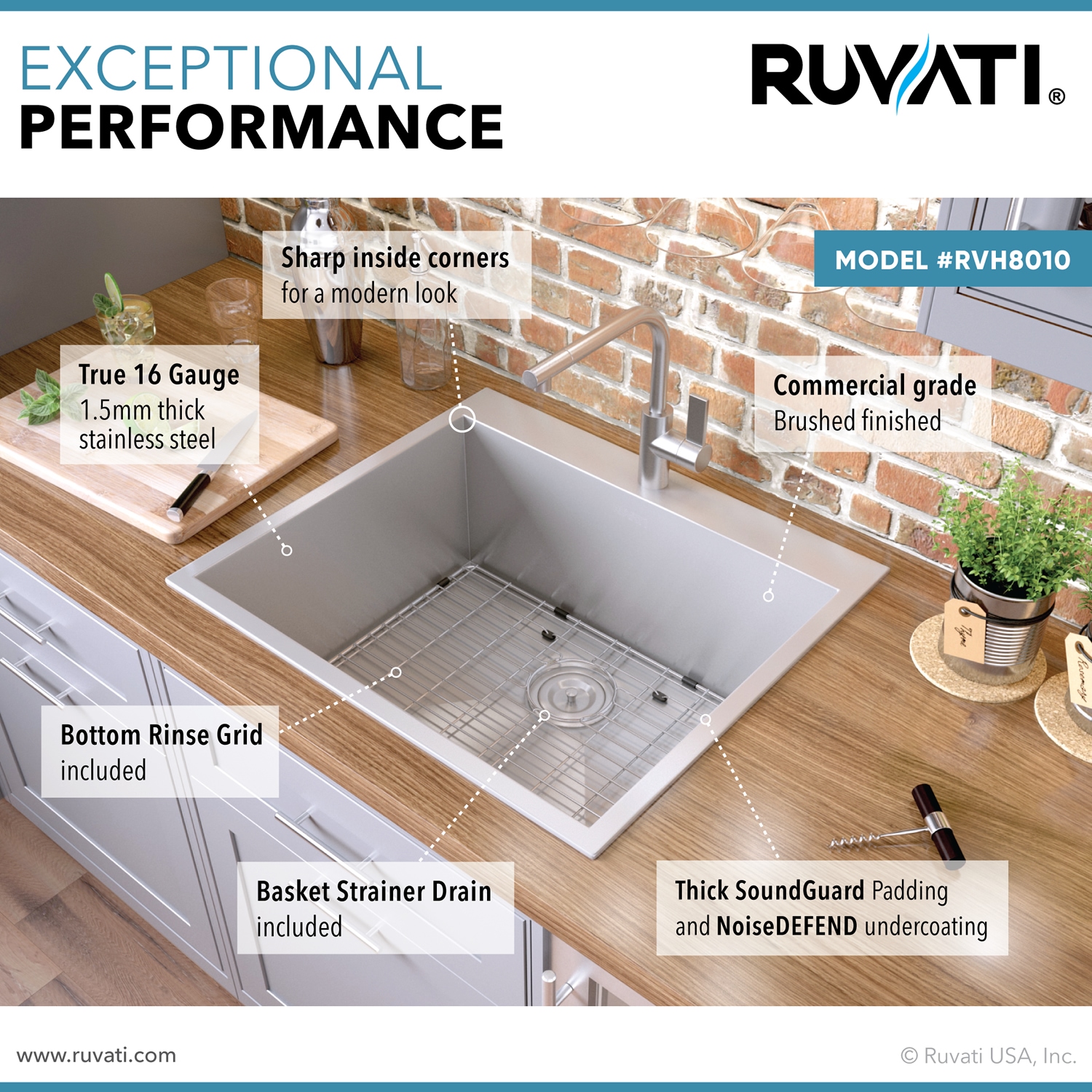 Ruvati Kitchen Sinks Drop-In 25-in x 22-in Brushed Stainless Steel ...