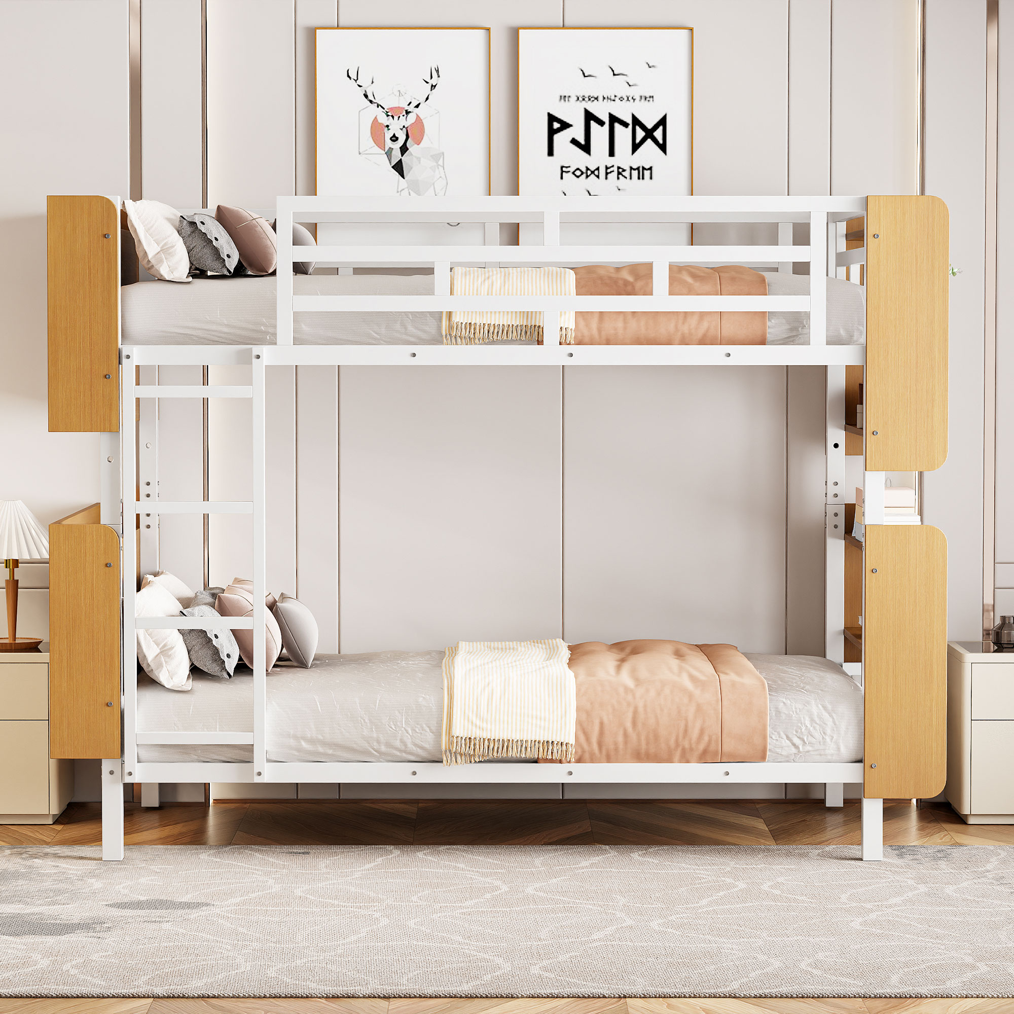 ModernLuxe L3P-SF000176AAK Twin Over Twin Size Metal Bunk Bed  with Ladder and FullLength Guardrail Storage Space No Box Spring NeededWhite