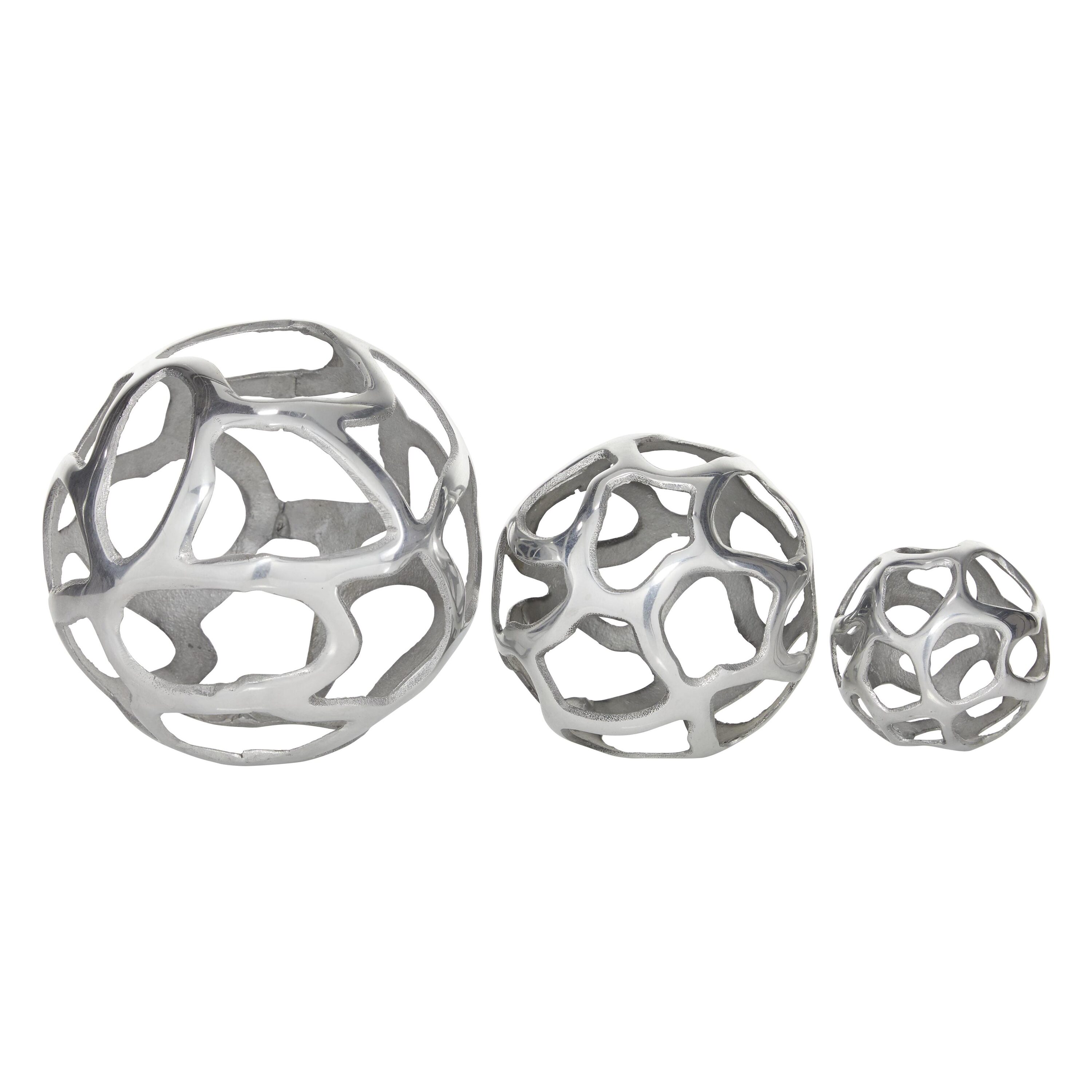 Set of 3 Polished Silver Metal Decorative Orbs