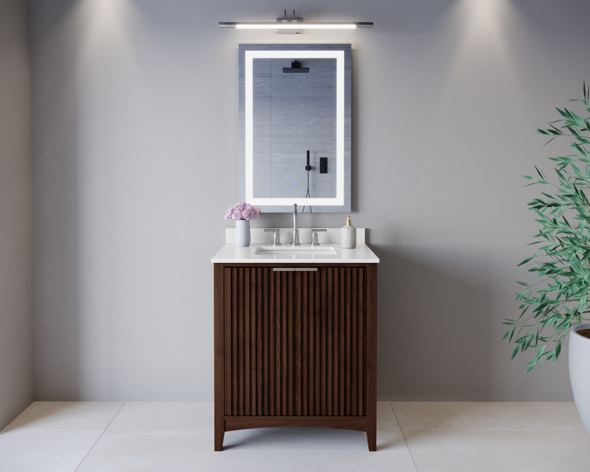 Wyndham Collection WCF919130SDWCCUS3MXX Palmilla 30-in Dark Walnut with Brushed Nickel Trim Undermount Single Sink Bathroom Vanity with Carrara Cultured Marble Cultured Marble Top