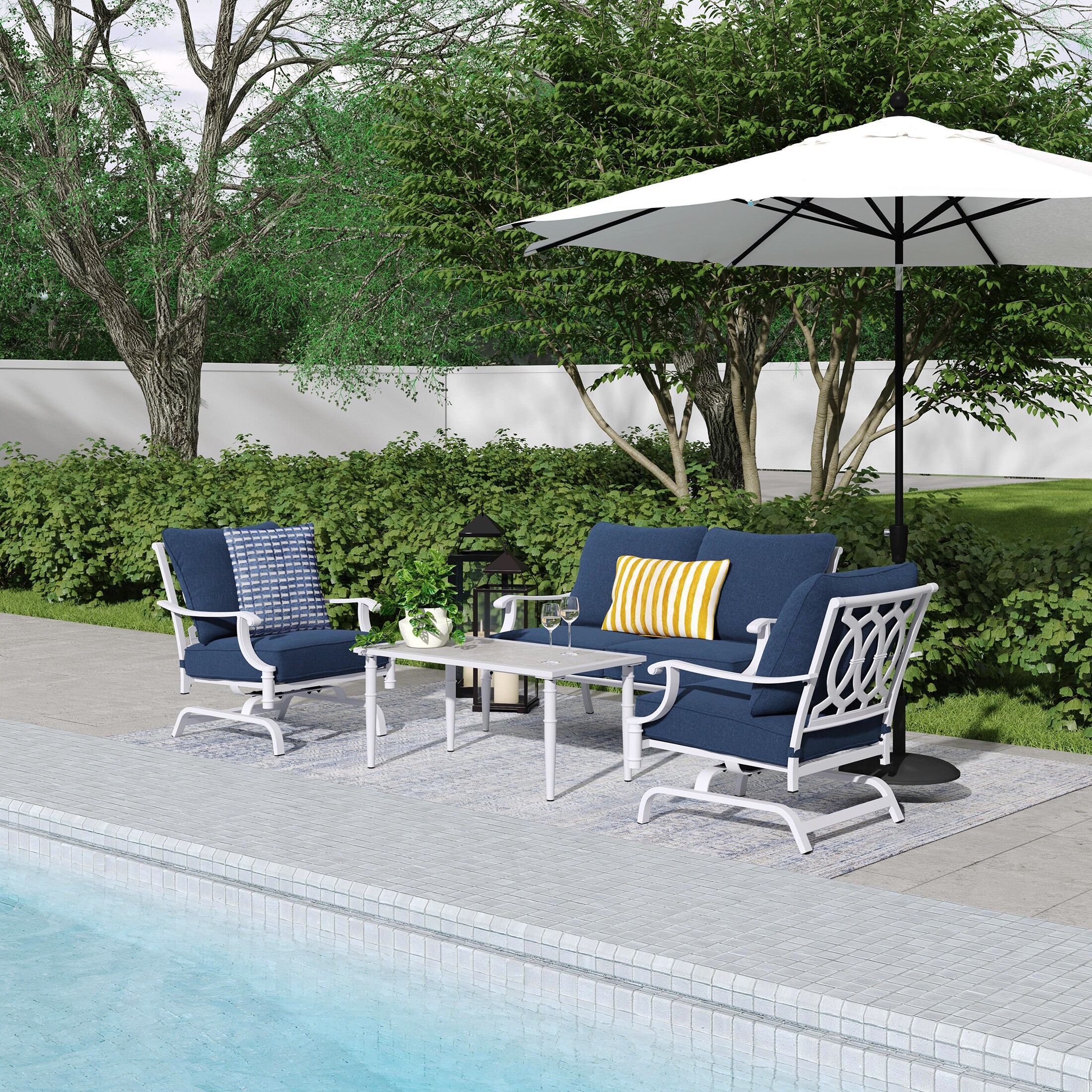 allen + roth Thomas Lake 4 -Piece Patio Conversation Set with Navy Cushions