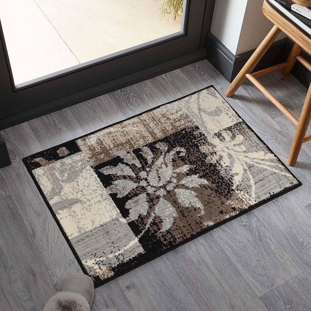 Beige and Gray Floral Patchwork Synthetic Area Rug, 2' x 3'
