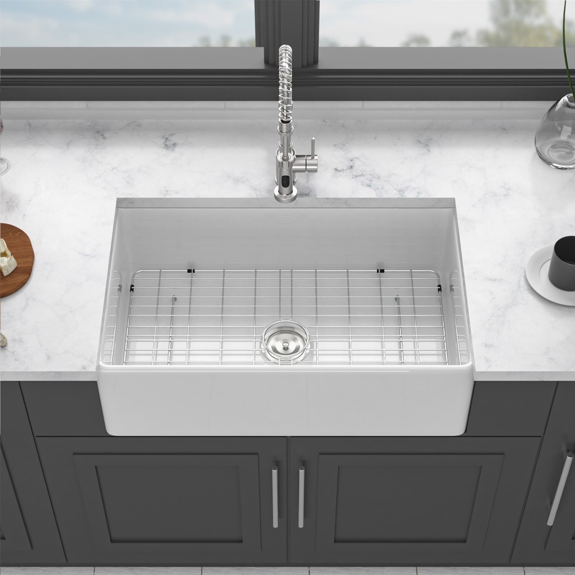 IAK 33 inch White Porcelain Ceramic Single Bowl Kitchen Sink with Reversible Design