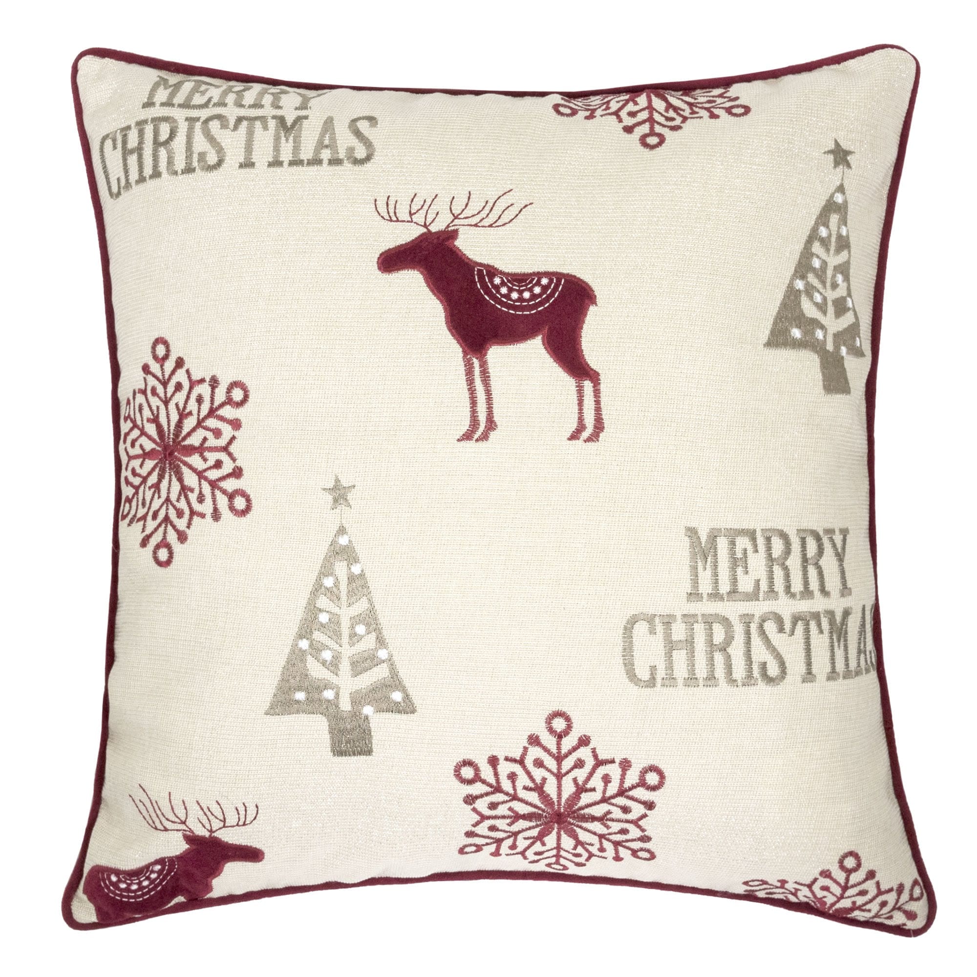 Blisstyle Merry Christmas Embroidered Poly Linen Throw Pillow 20x20inch Holiday Cushion with Reindeer Trees Snowflakes Set of 2 Throw Pillows for Couch