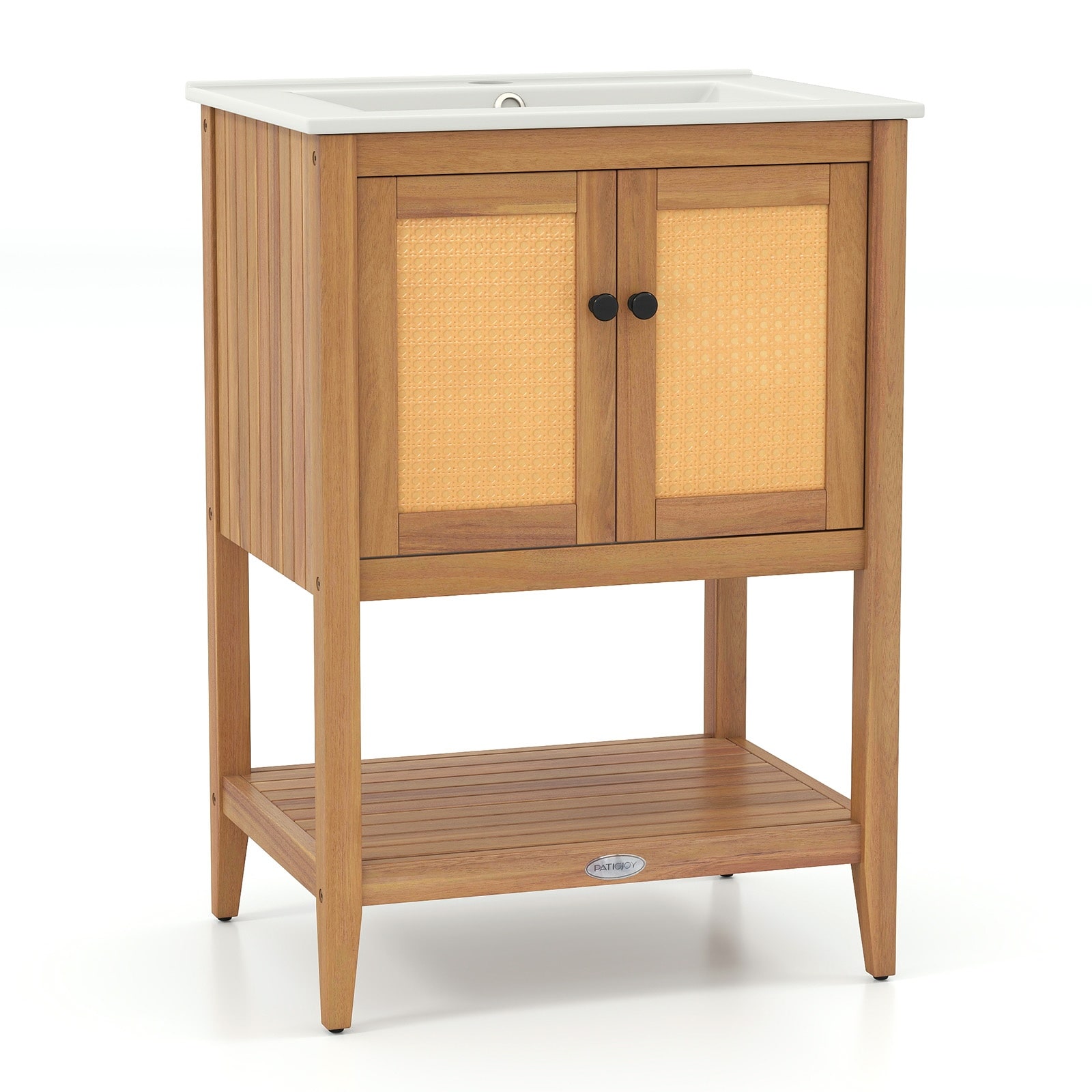 Volenca Freestanding Bathroom Vanity 34-in H with Ceramic Sink Two Rattan Doors and Slatted Lower Shelf