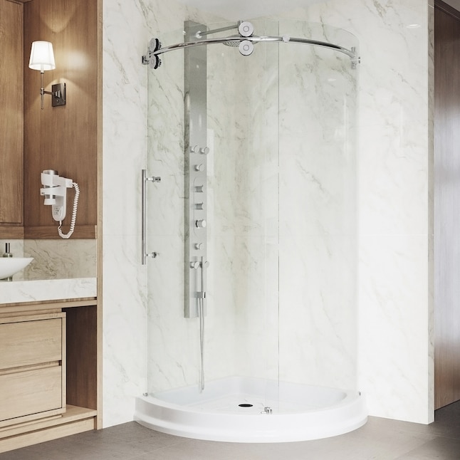 Sanibel 43.625 in. x 79.5 in. Frameless Bypass Shower Enclosure in Chrome and Left Base Sanibel 43.625 in. x 79.5 in. Frameless Bypass Shower Enclosure in Chrome and Left Base