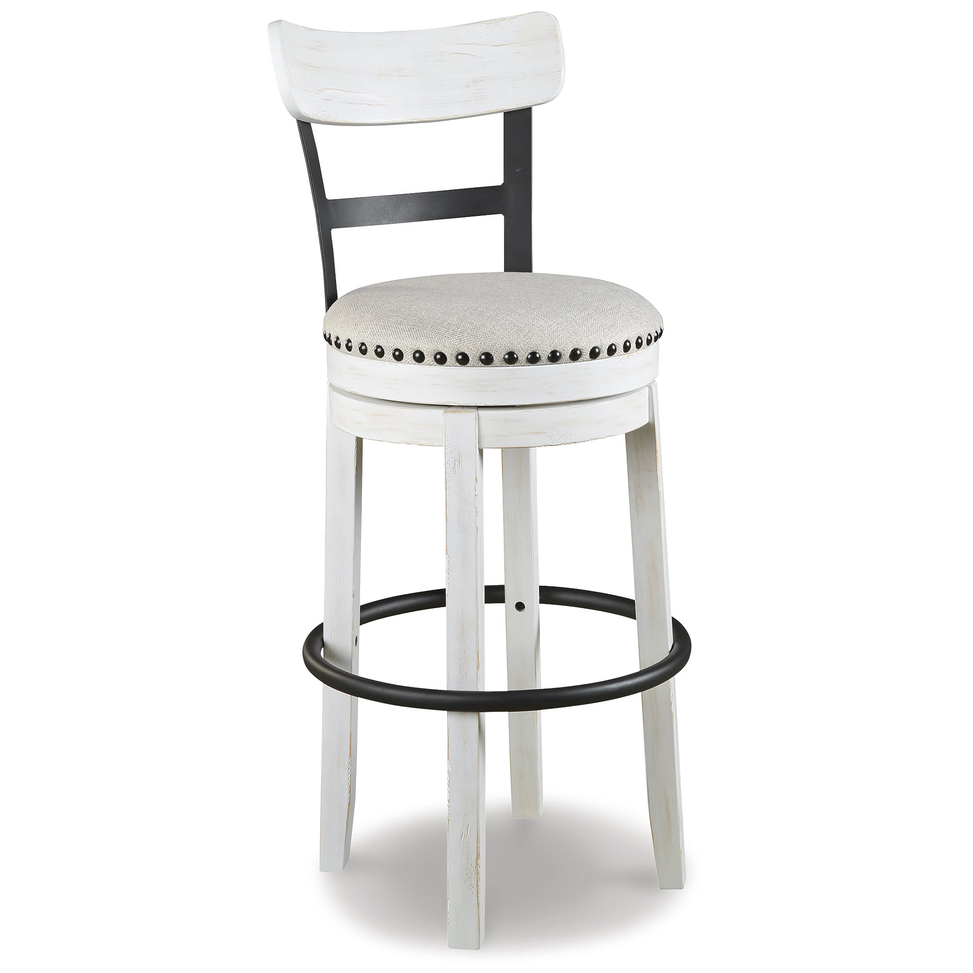 Signature Design by Ashley D546-530 Valebeck Bar Height White Swivel Bar Stool with Upholstered Seat and Nailhead Trim