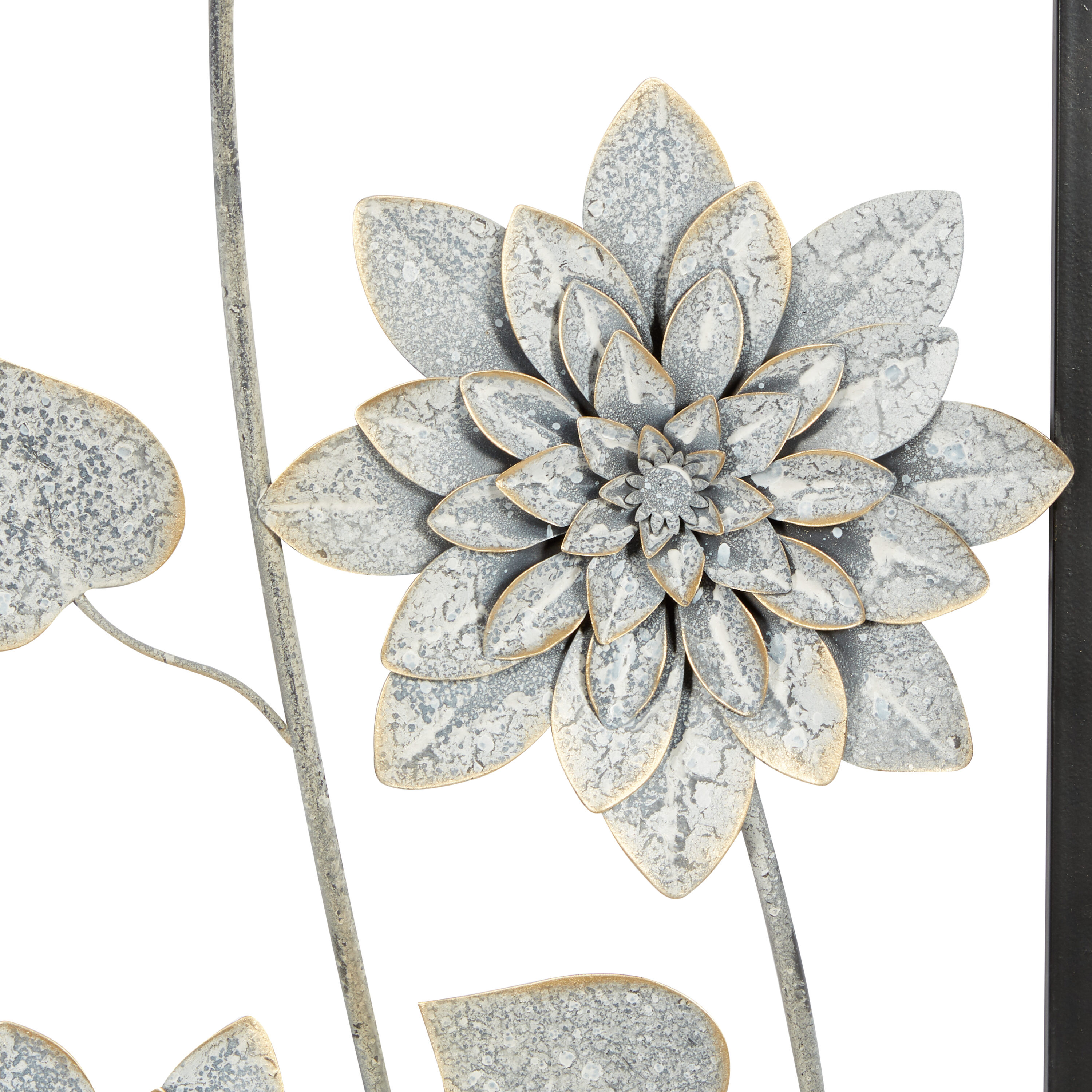 Gray Metal Floral Wall Sculpture with Black Frame, Set of 2