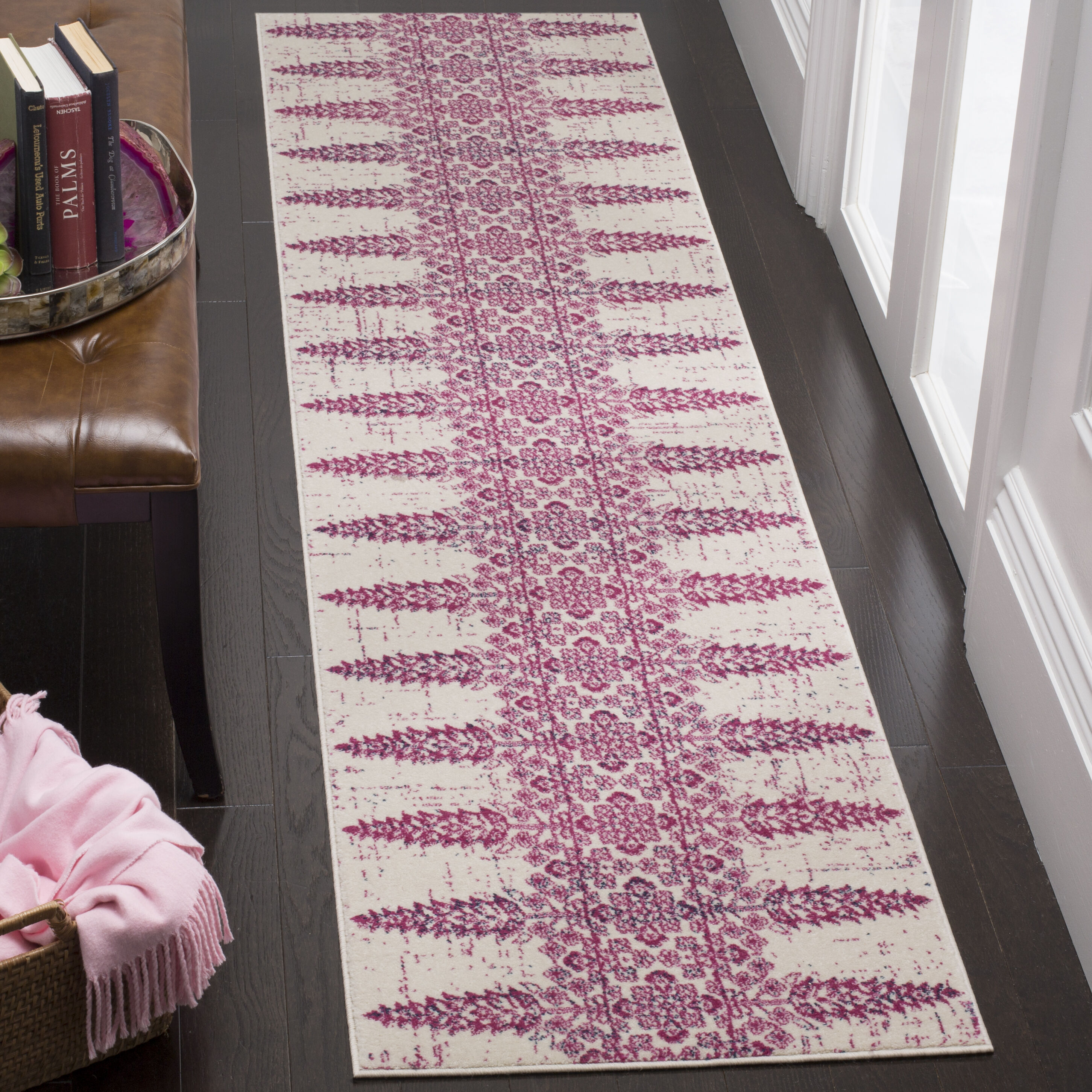 Safavieh EVK521K-28 Evoke Celina 2 x 8 (ft) Loomed Synthetic Ivory/Fuchsia Rectangular Indoor Distressed/Overdyed Bohemian/Eclectic Runner rug