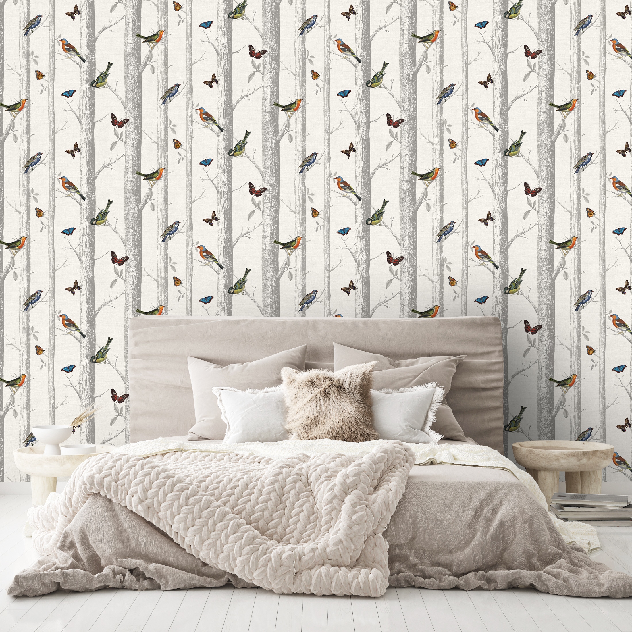 White and Gray Birds and Butterflies Wallpaper