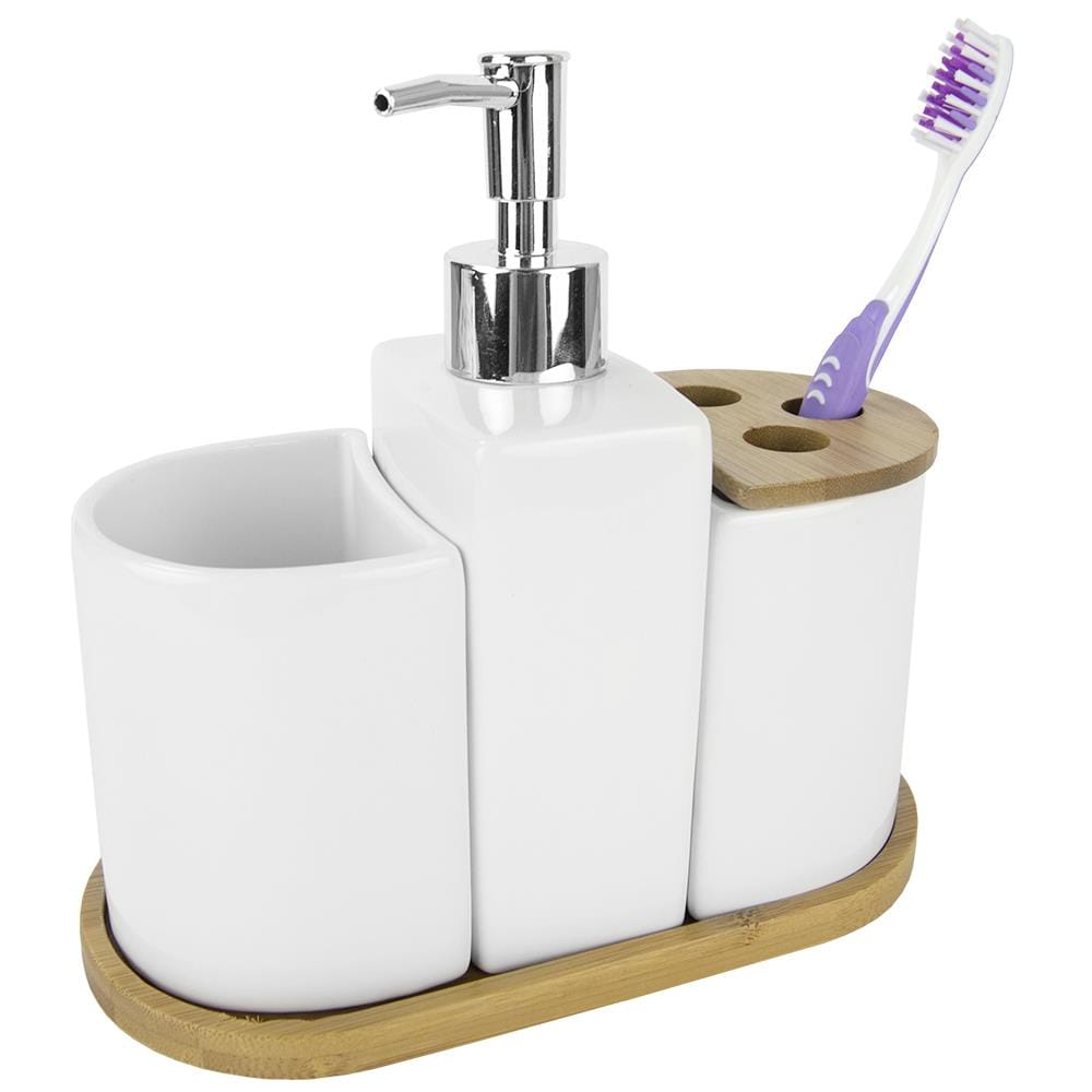 4 Piece Ceramic Bath Accessory Set, White Ceramic Bamboo Bathroom Accessories