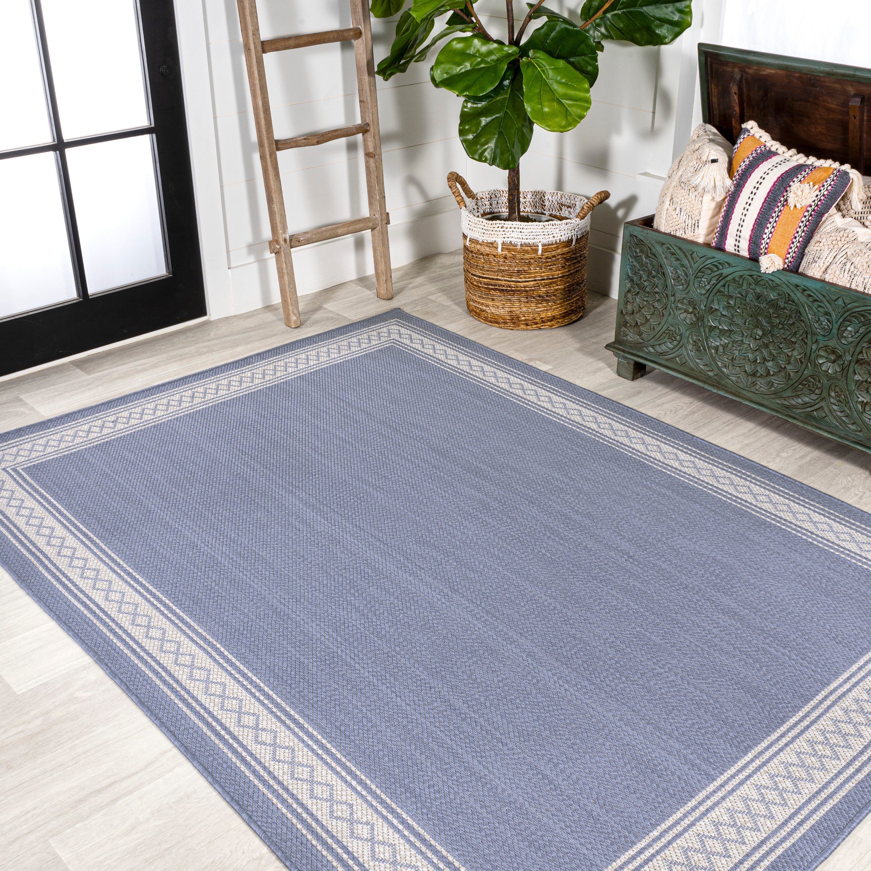Modern Diamond Border 4' x 6' Blue Synthetic Area Rug