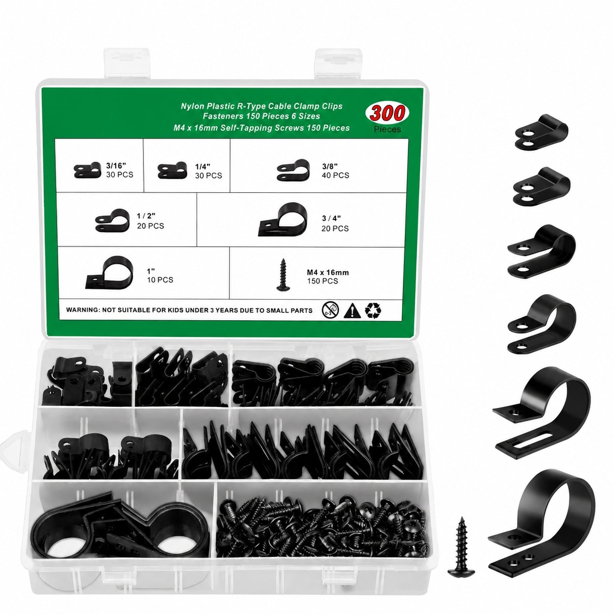 Aoibox  R Type Nylon Cable Clamp Assortment with M4 Screws 6 Sizes 3 16 in to 1 in 300 Piece Cord Clips