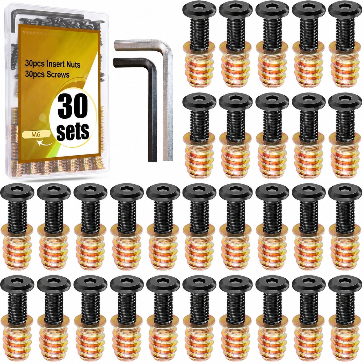 CYIKE  M6x15 Threaded Inserts for Wood with M6x25 Furniture Screws Carbon Steel Galvanized Surface 30 Sets with Wrenches durable home and garden