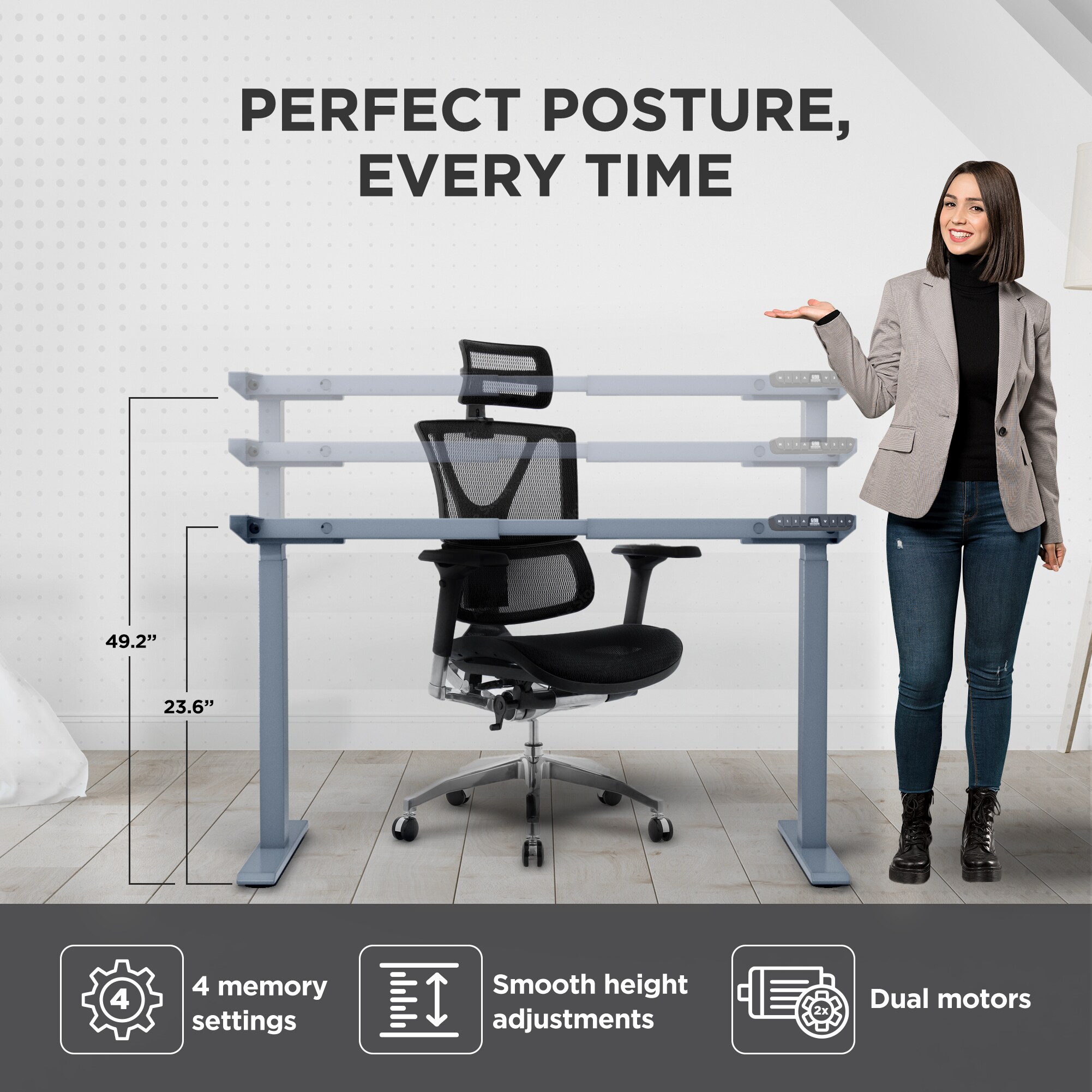 Rise Up Dual-Motor Adjustable Height Standing Desk Frame in Gray