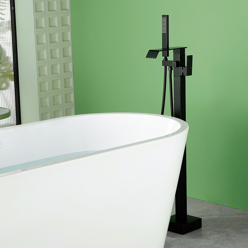 WELLFOR Matte Black 1-handle Freestanding Waterfall Bathtub Faucet with Hand Shower ( Valve Included )