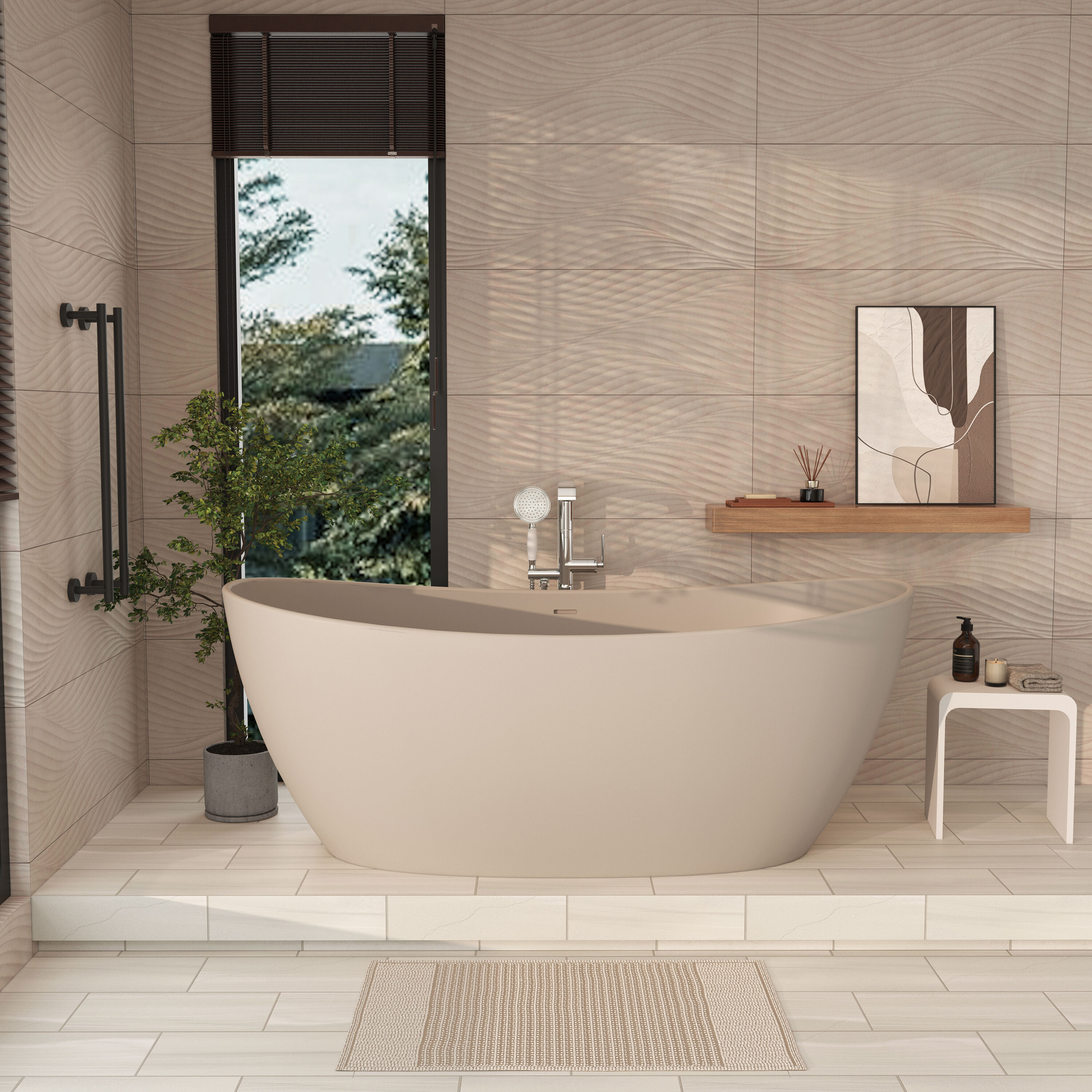 CASAINC 33.5-in x 65-in Milk-Coffee Solid Surface Oval Freestanding Soaking Bathtub with Drain ( Center Drain )