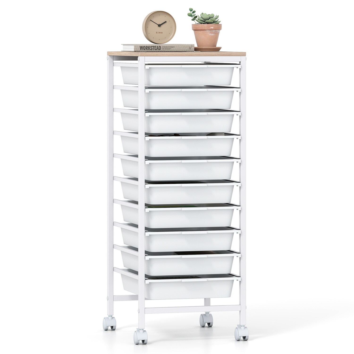 Volenca 10-Drawer Rolling Storage Cart Mobile Utility Organizer with Wooden Tabletop and Lockable Casters 14-in W 44-lb Capacity