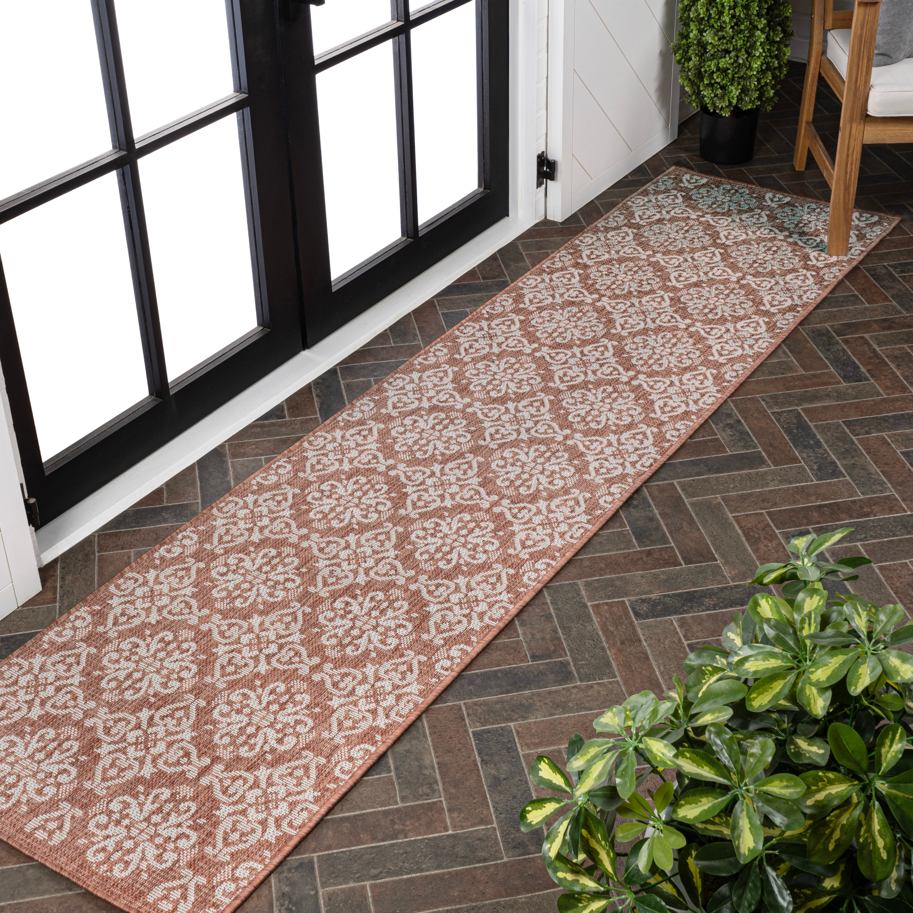 JONATHAN  Y TSN206B-28 TUSCAN SUN Amora Mediterranean Tile Design 2 x 8 (ft) Loomed Polypropylene Salmon/Cream Rectangular Indoor/Outdoor Floral/Botanical Farmhouse/Cottage Runner rug