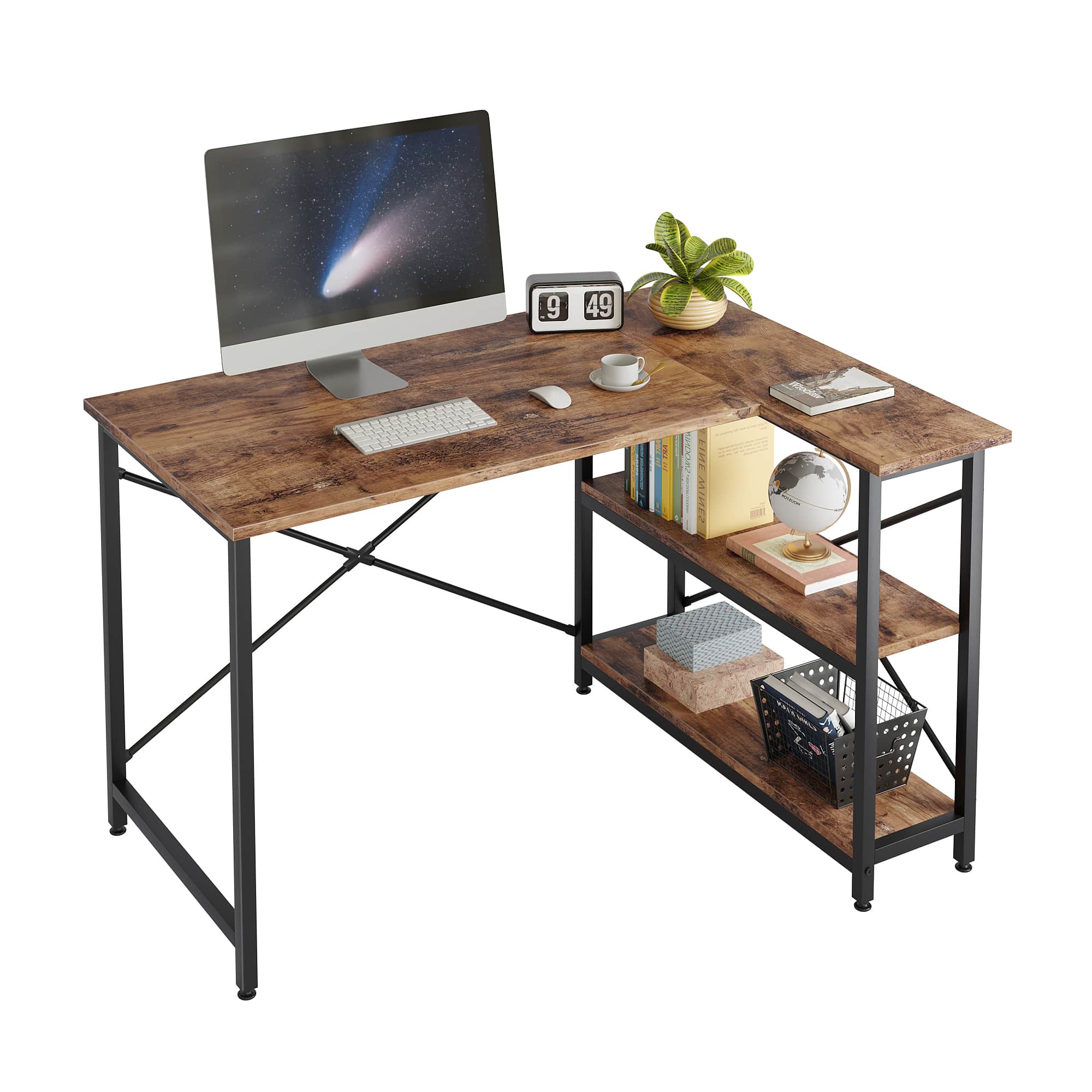 Bestier LOW-1298-D31RST 55-in W 3-Shelf Brown Computer Desk