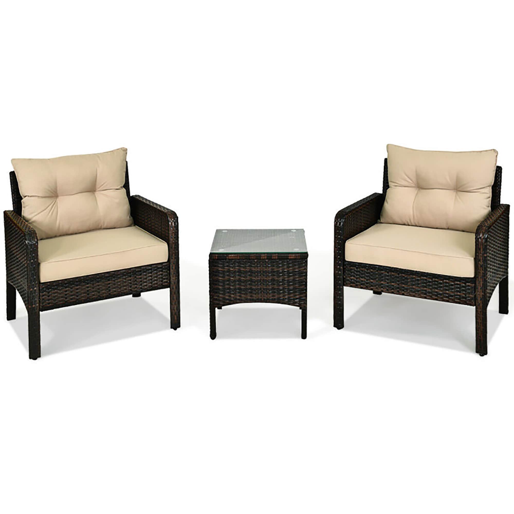 CASAINC CEW-HZ012SDDB18 Outdoor Furniture Sets 3 -Piece Rattan Patio Conversation Set with Off-white Cushions
